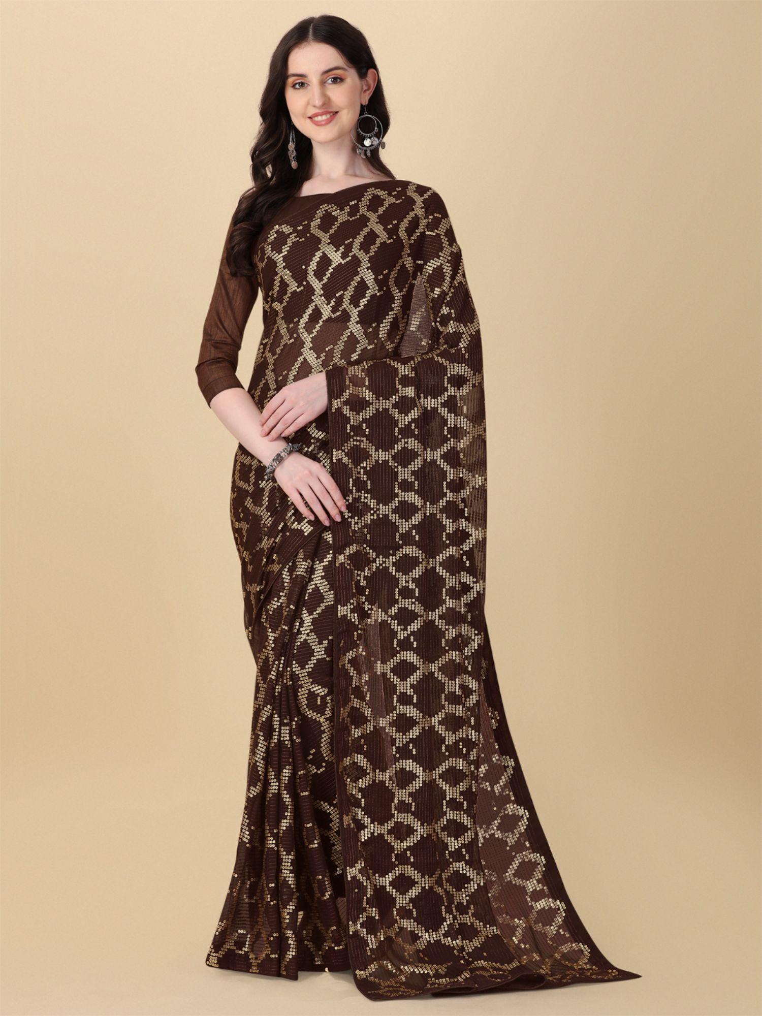 womens georgette sequence thread work brown saree with unstitched blouse