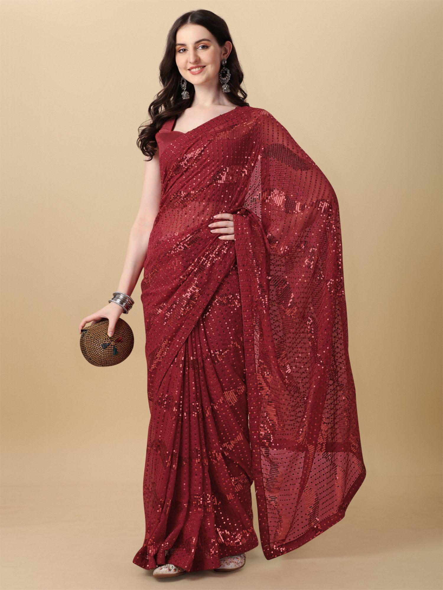 womens georgette sequence thread work maroon saree with unstitched blouse