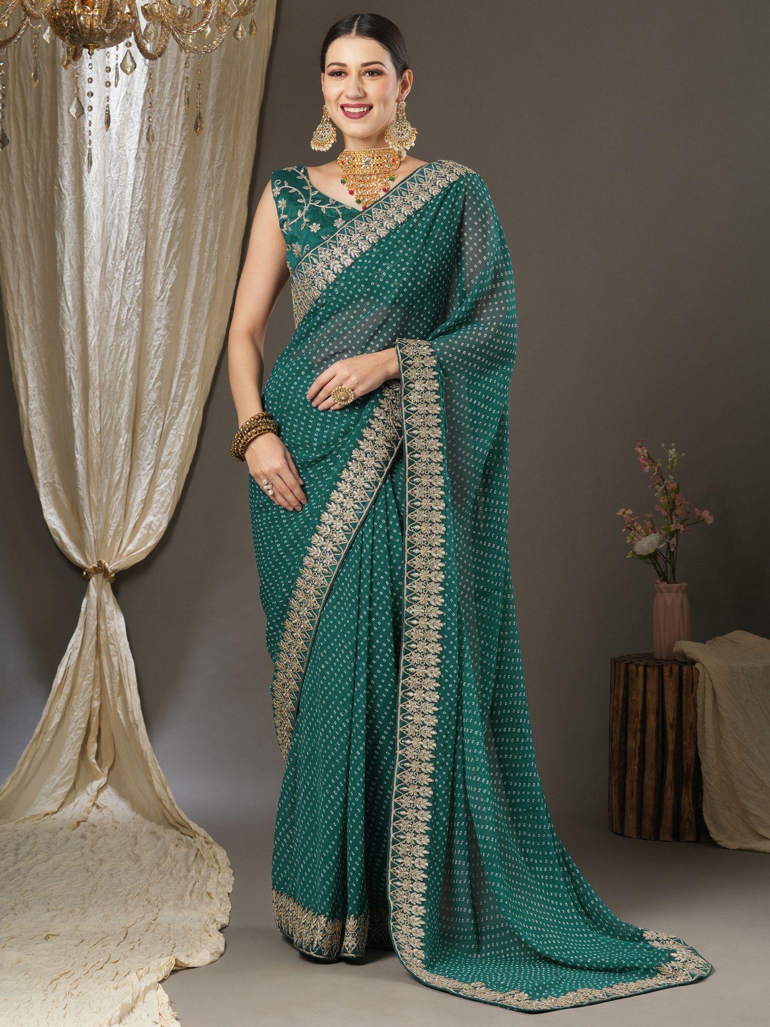 womens georgette teal blue zari embroidered designer saree with unstitched blouse