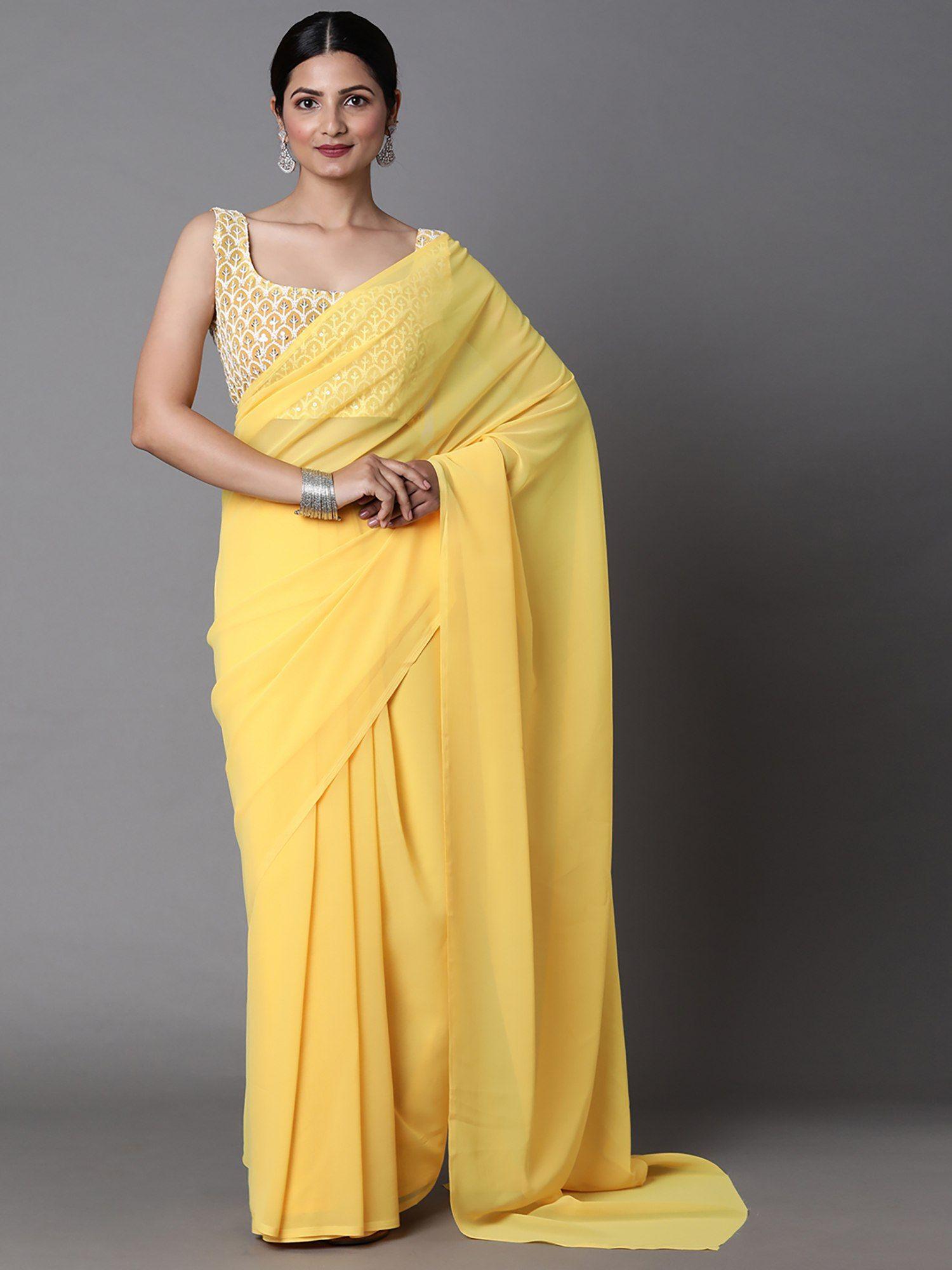 womens georgette yellow embellished celebrity saree with unstitched blouse