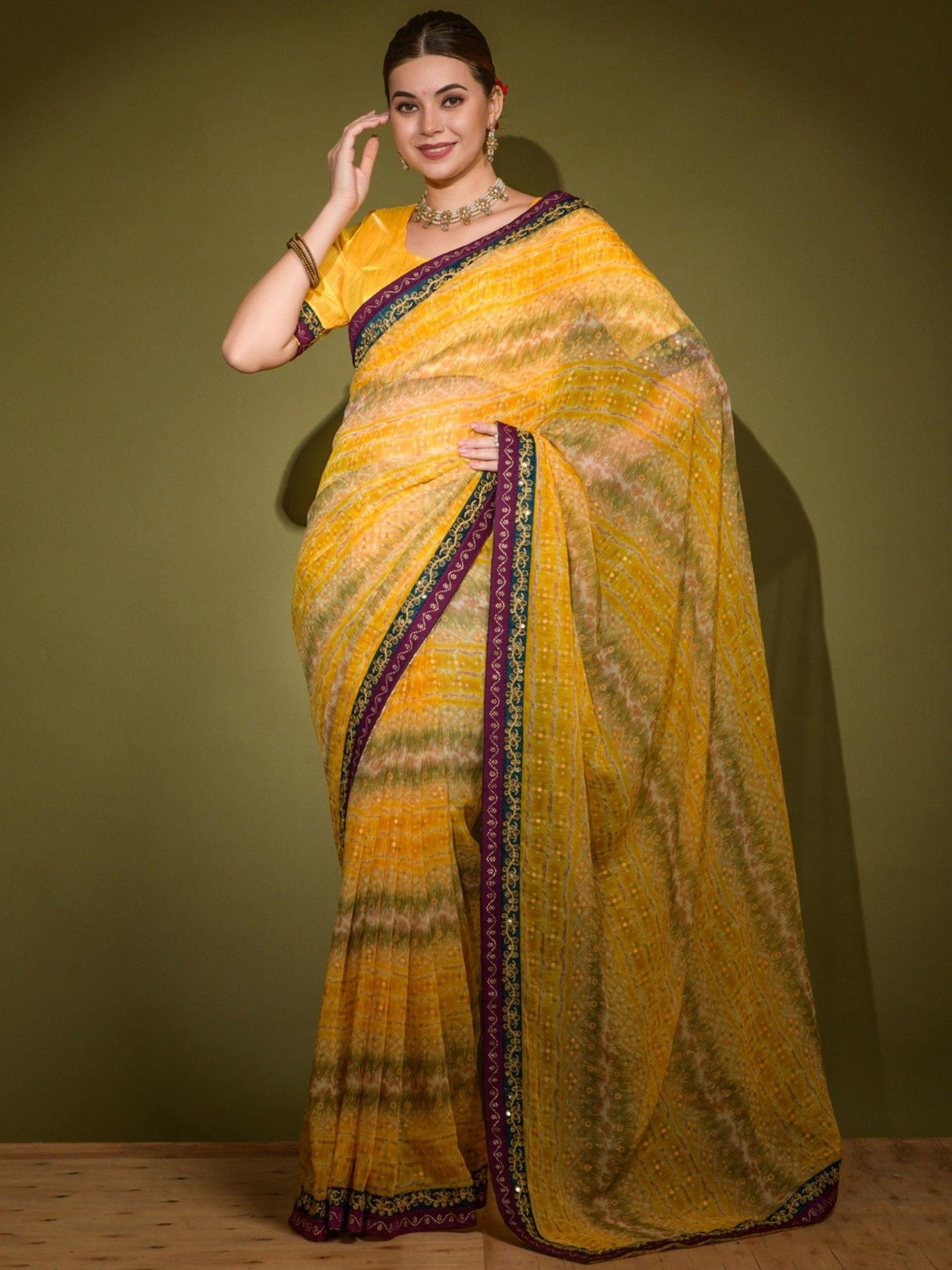 womens georgette yellow embellished designer saree with unstitched blouse piece