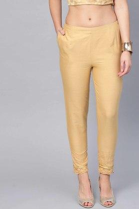 womens gold cotton solid cigarette pants with side pocket - gold