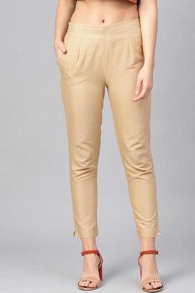 womens gold cotton solid straight pants with side pocket - gold