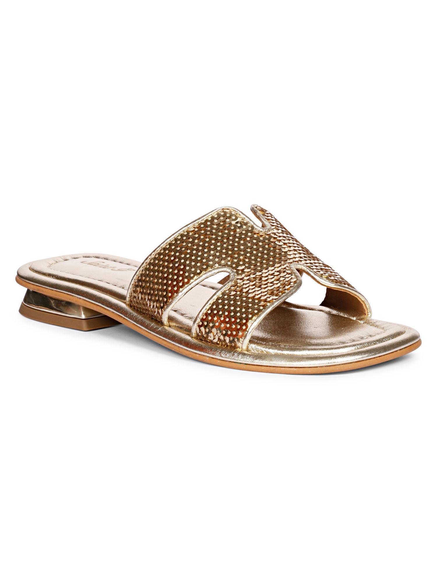 womens gold genuine leather sequined flats