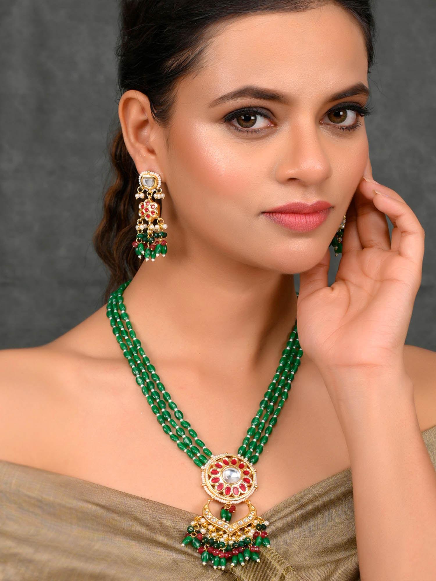 womens gold plated green designer necklace set
