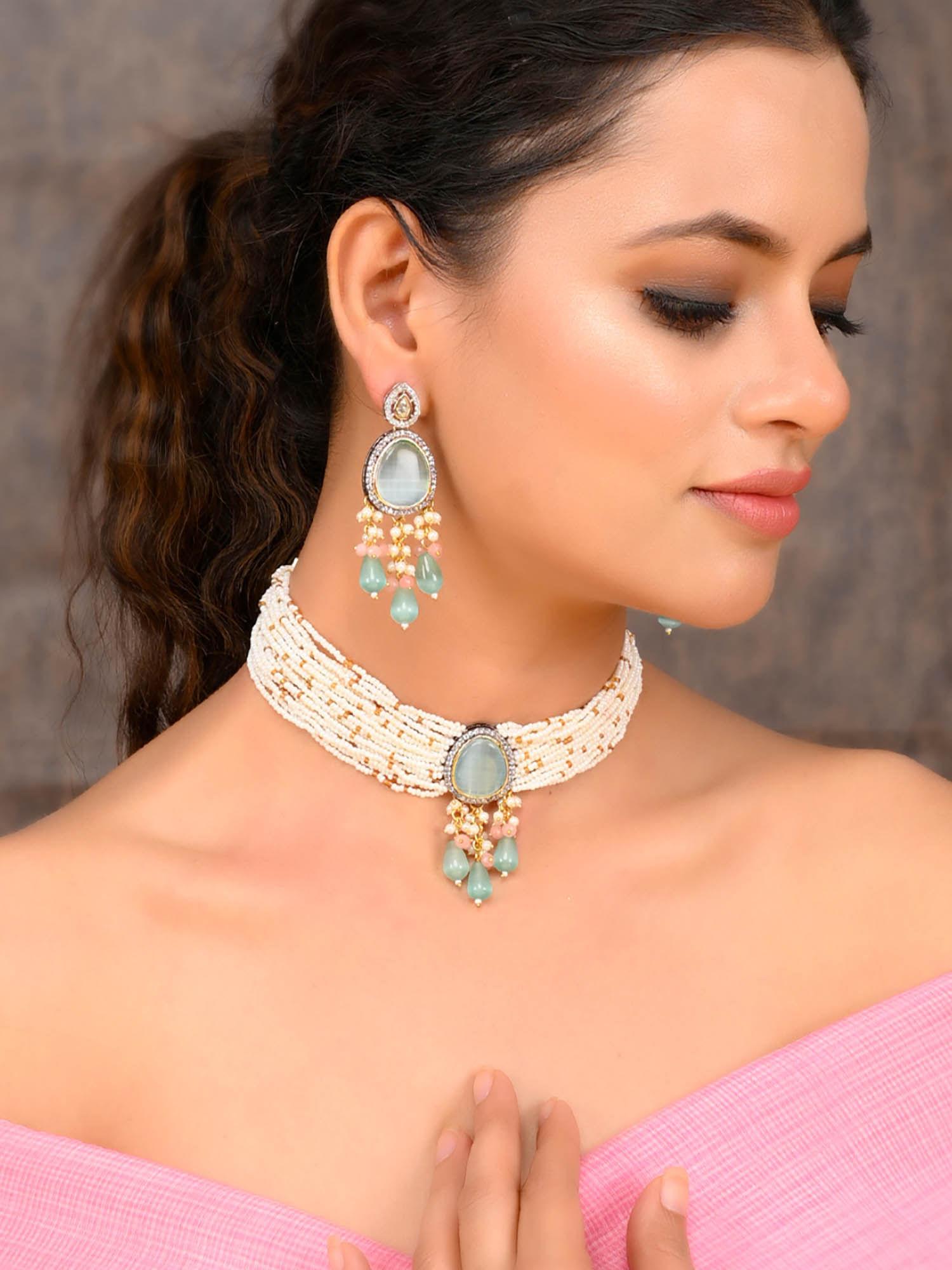 womens gold plated mint green and white choker necklace set