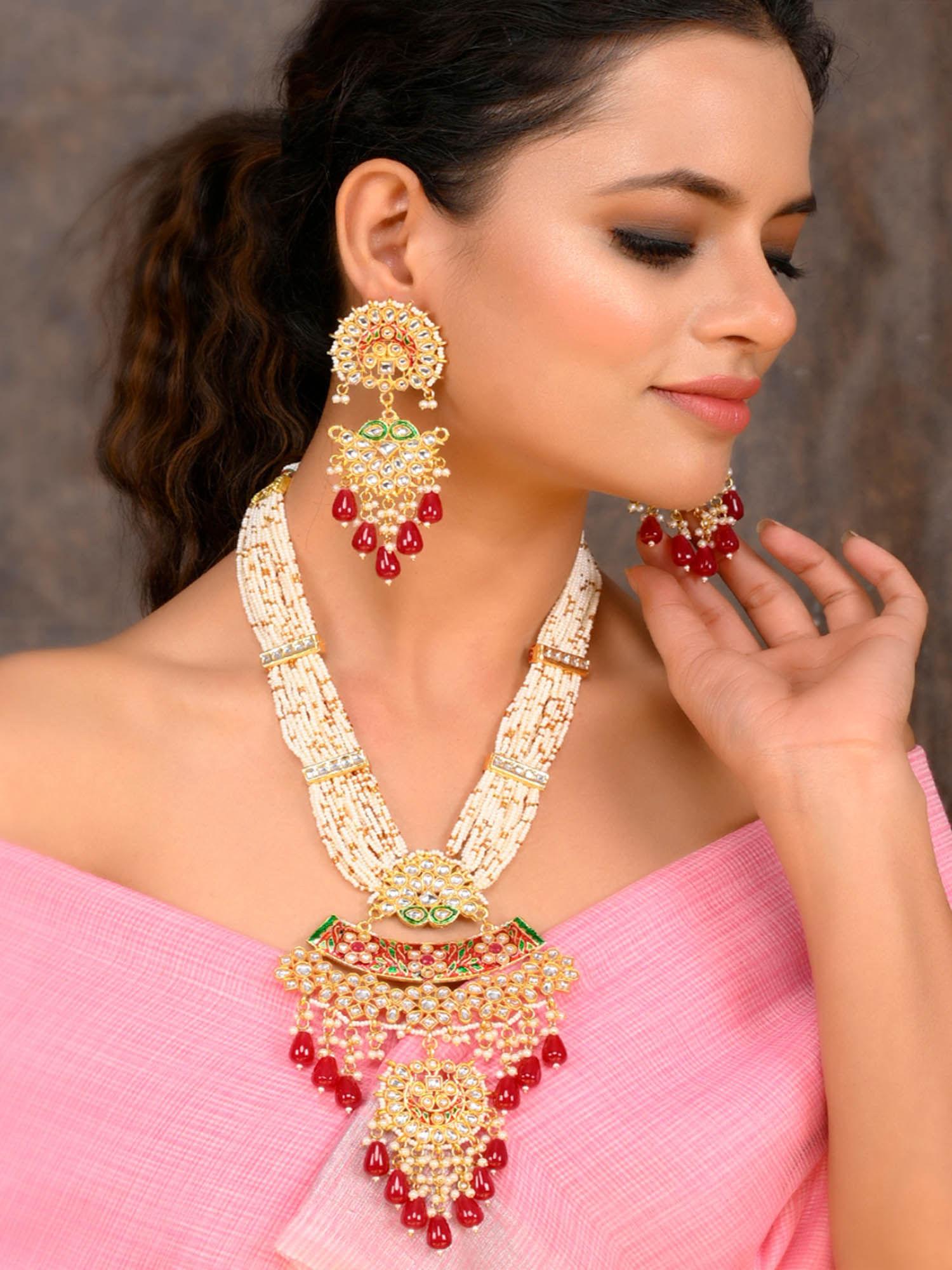 womens gold plated red and white designer necklace set