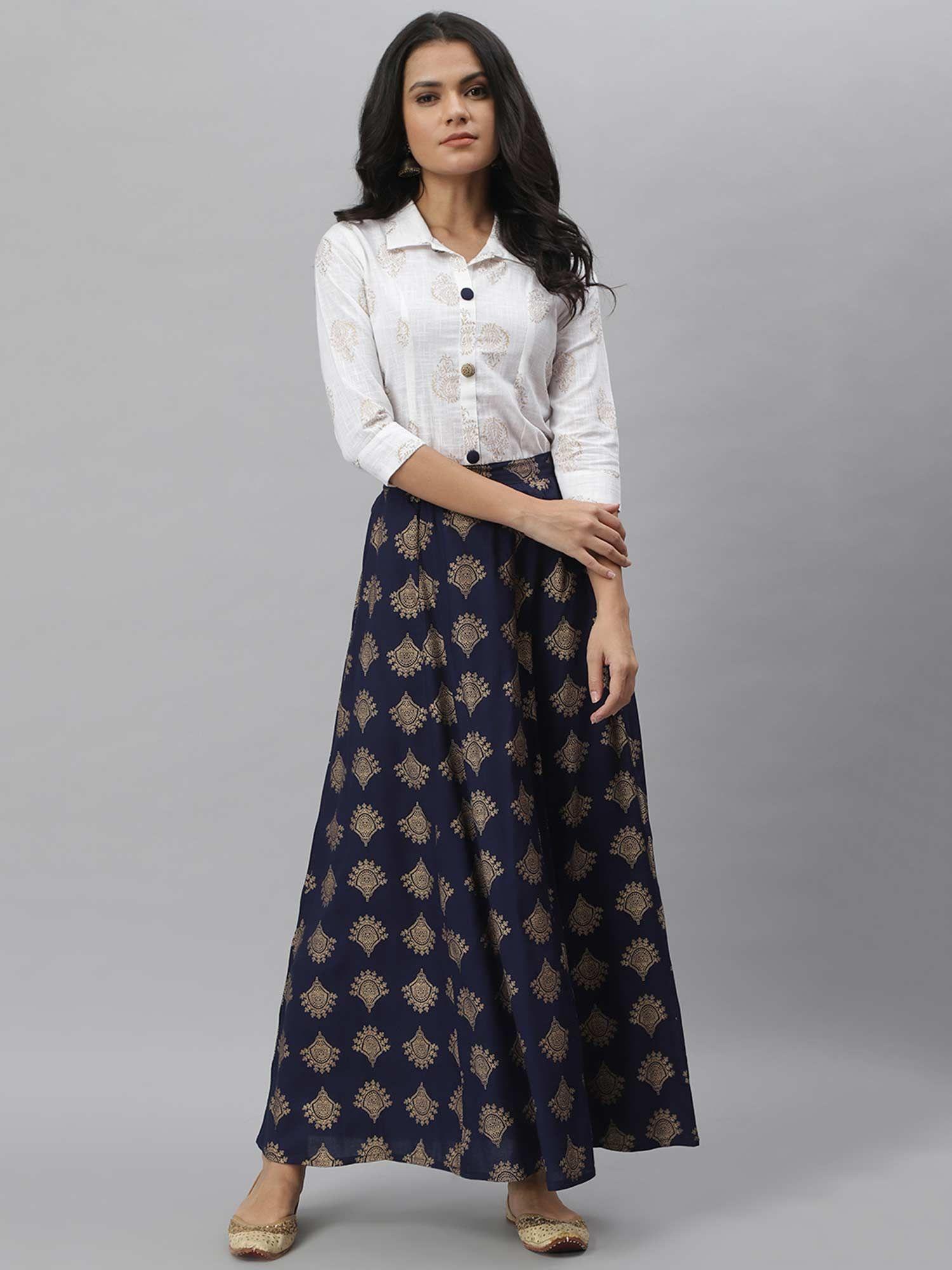 womens gold print cotton blend shirt skirt set (set of 2)