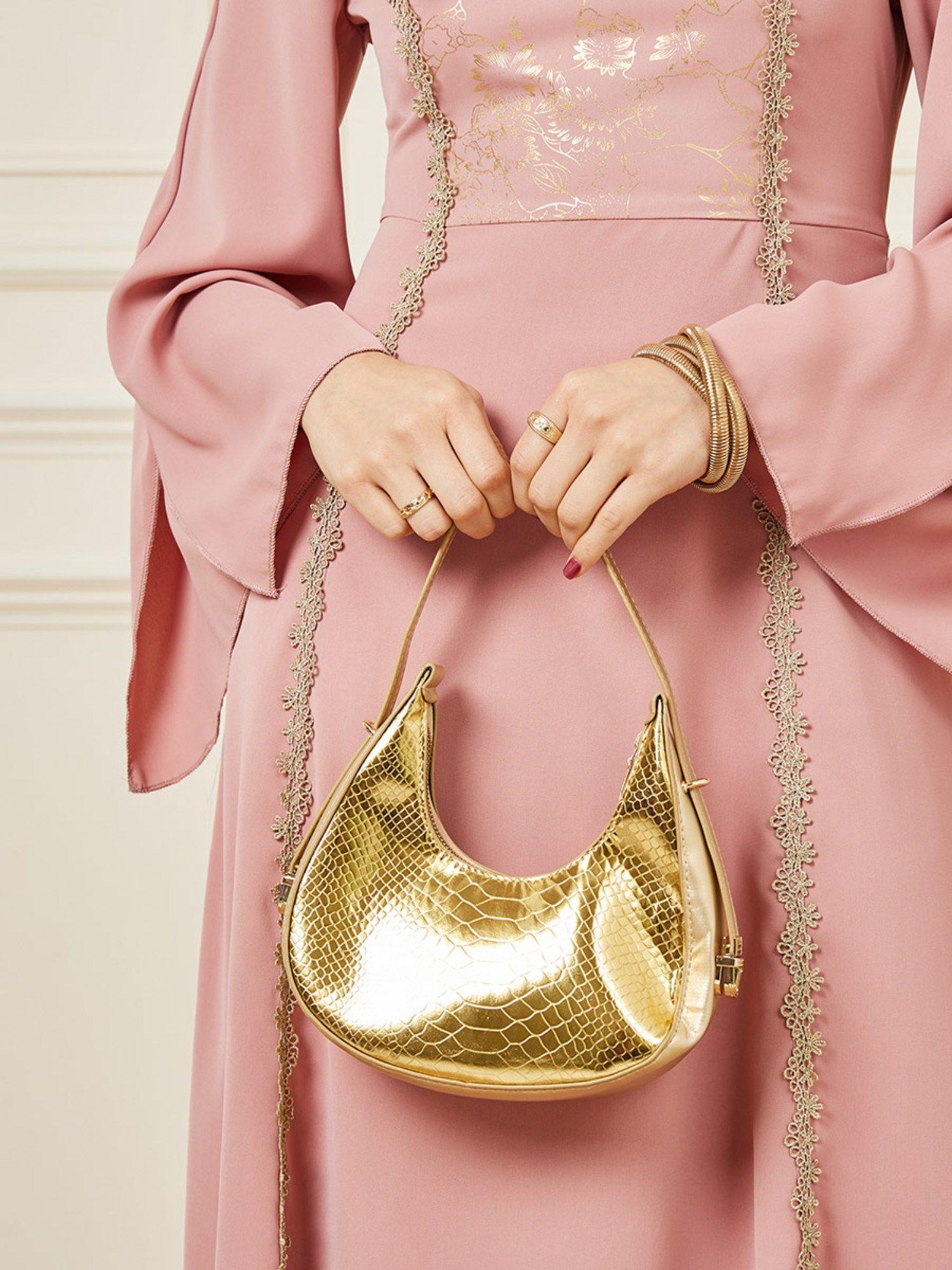 womens gold pu croc texture half moon handbag