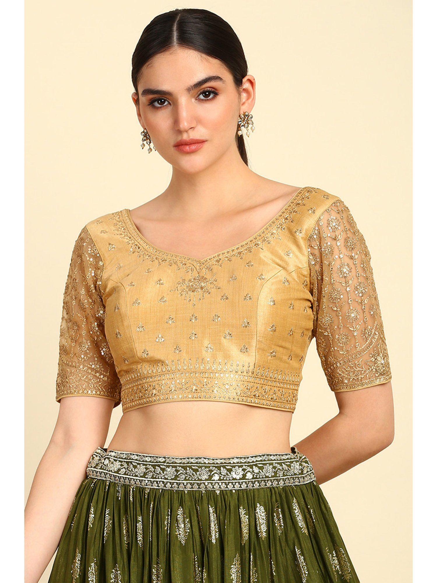 womens gold rayon embroidered blouse with sequins work