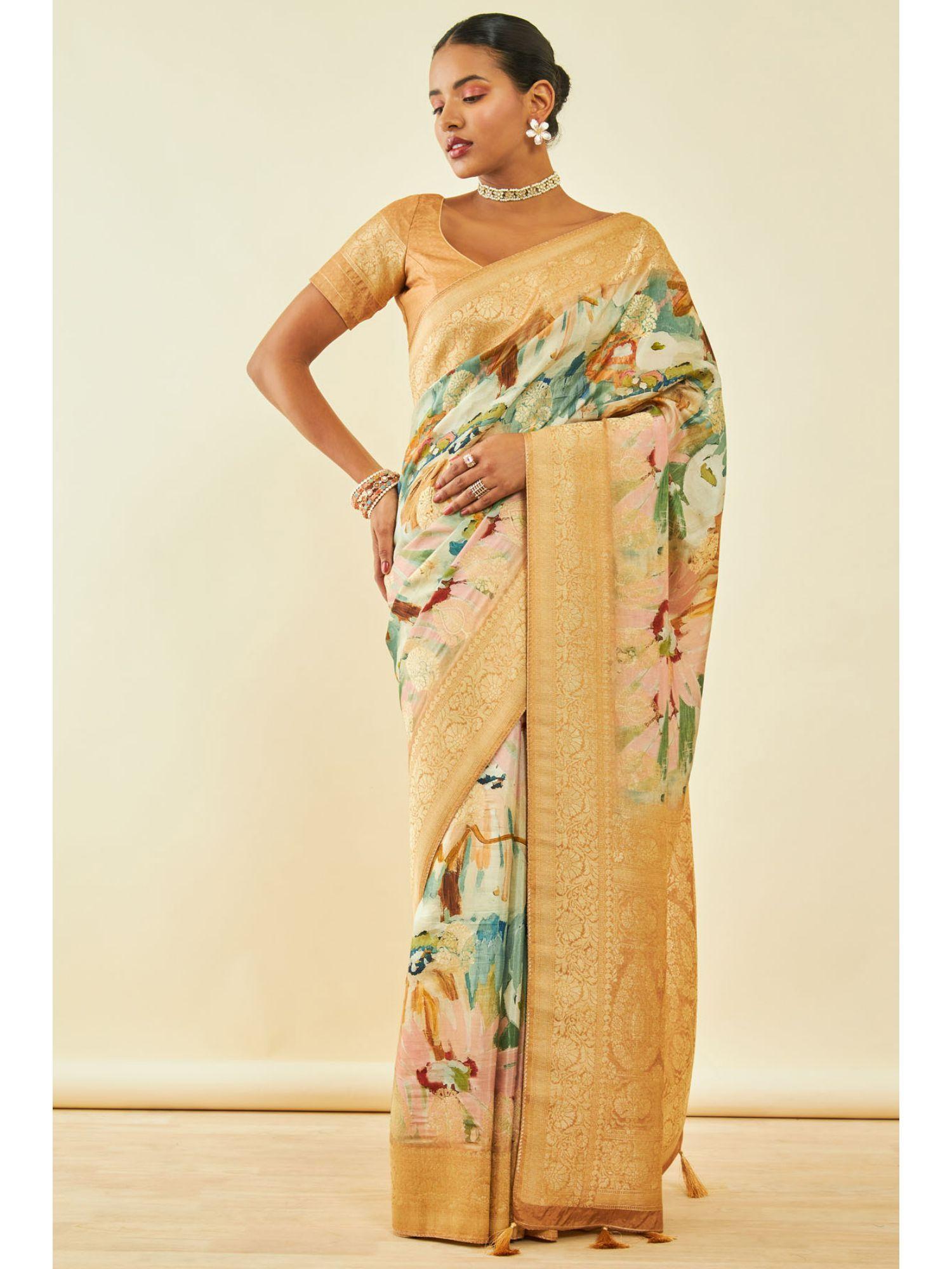 womens gold tussar silk floral print saree with zari woven with unstitched blouse