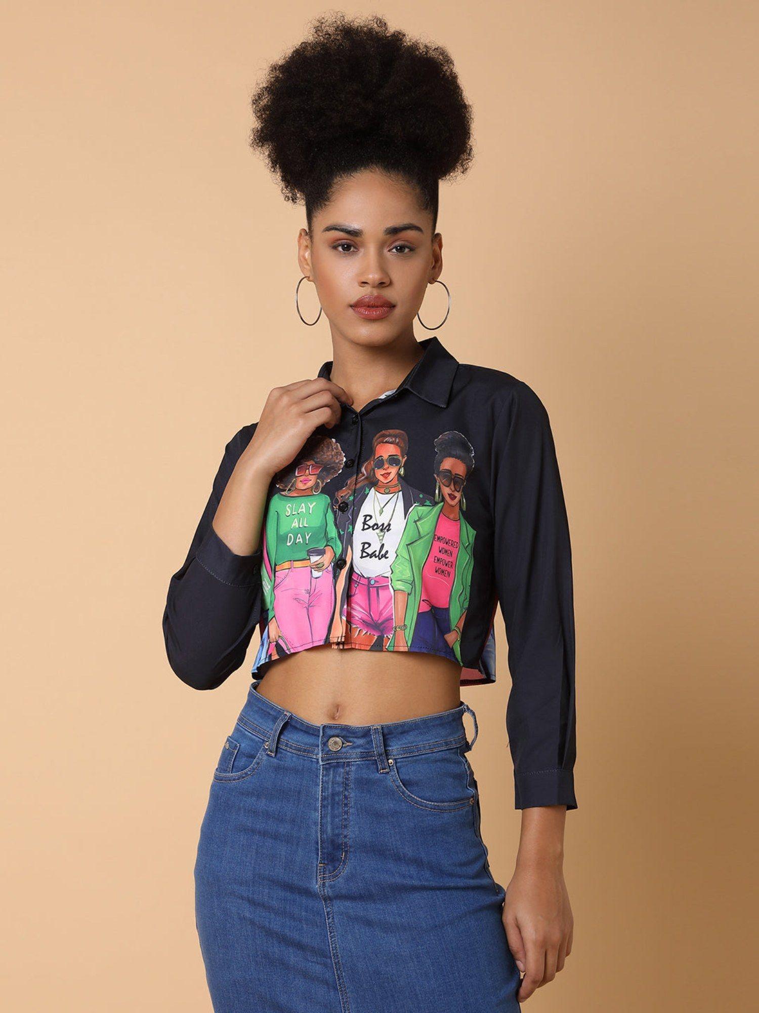 womens graphic black crop boxy shirt