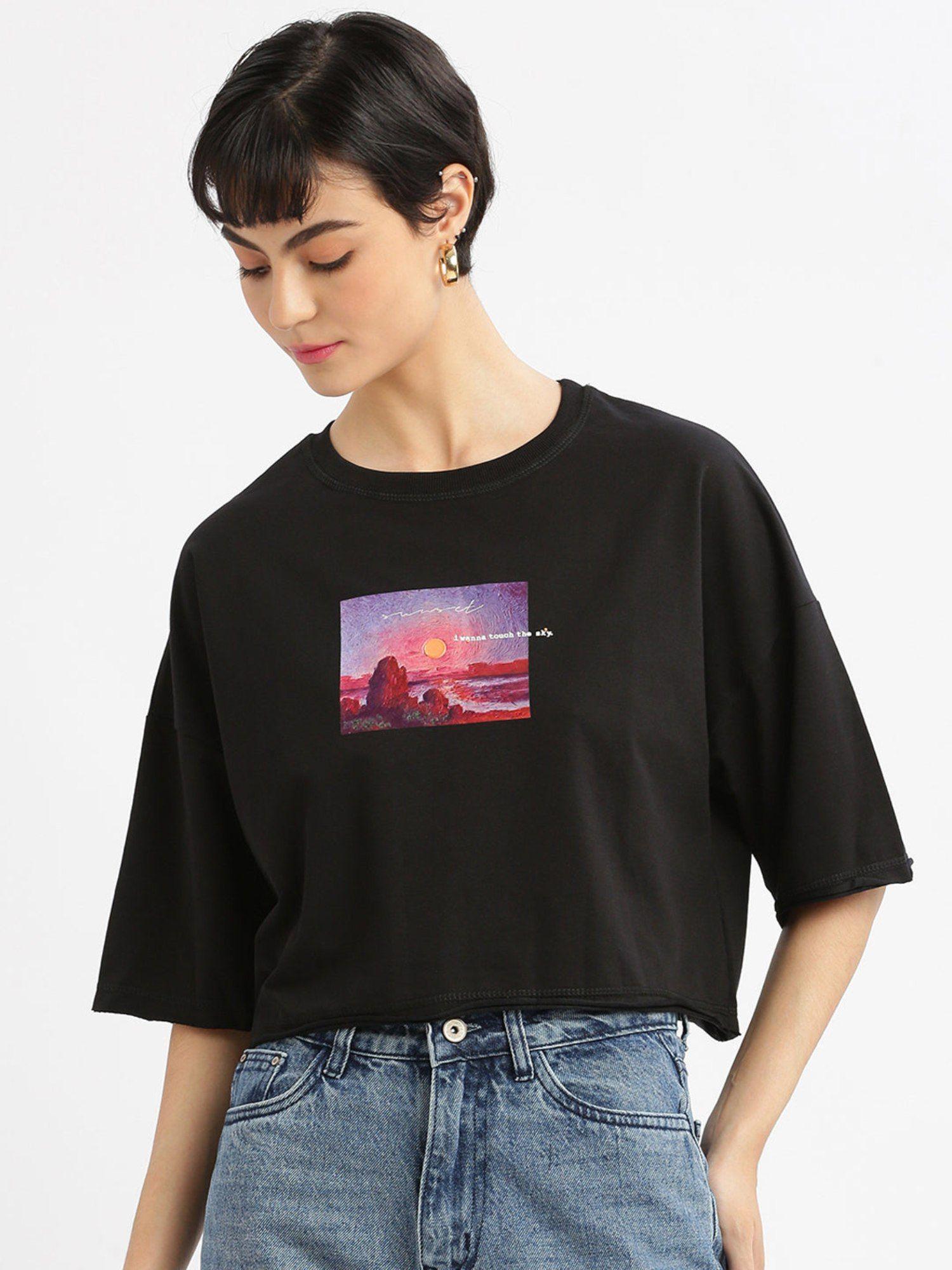 womens graphic black drop shoulder boxy crop t-shirt