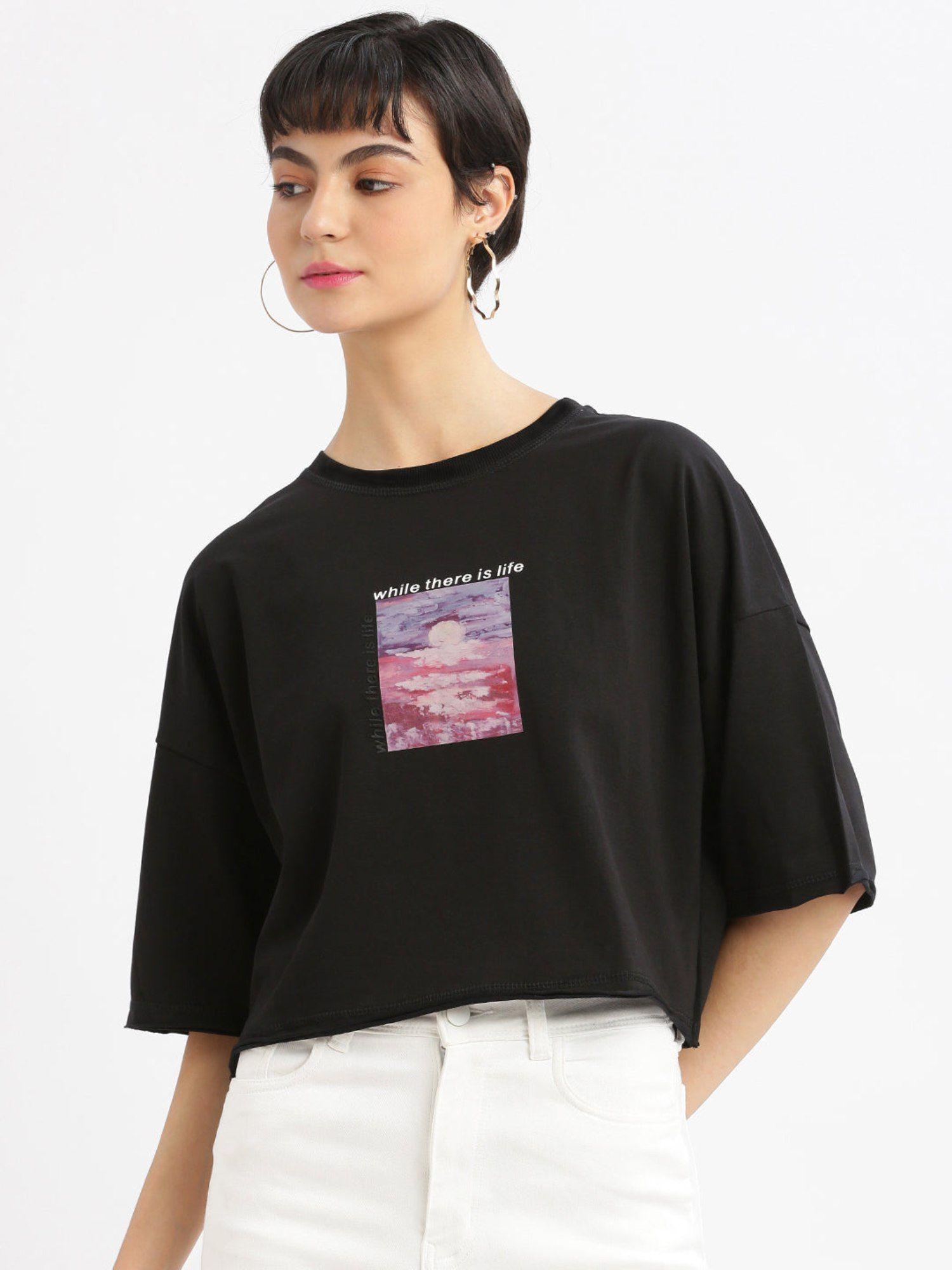 womens graphic black drop shoulder boxy crop t-shirt