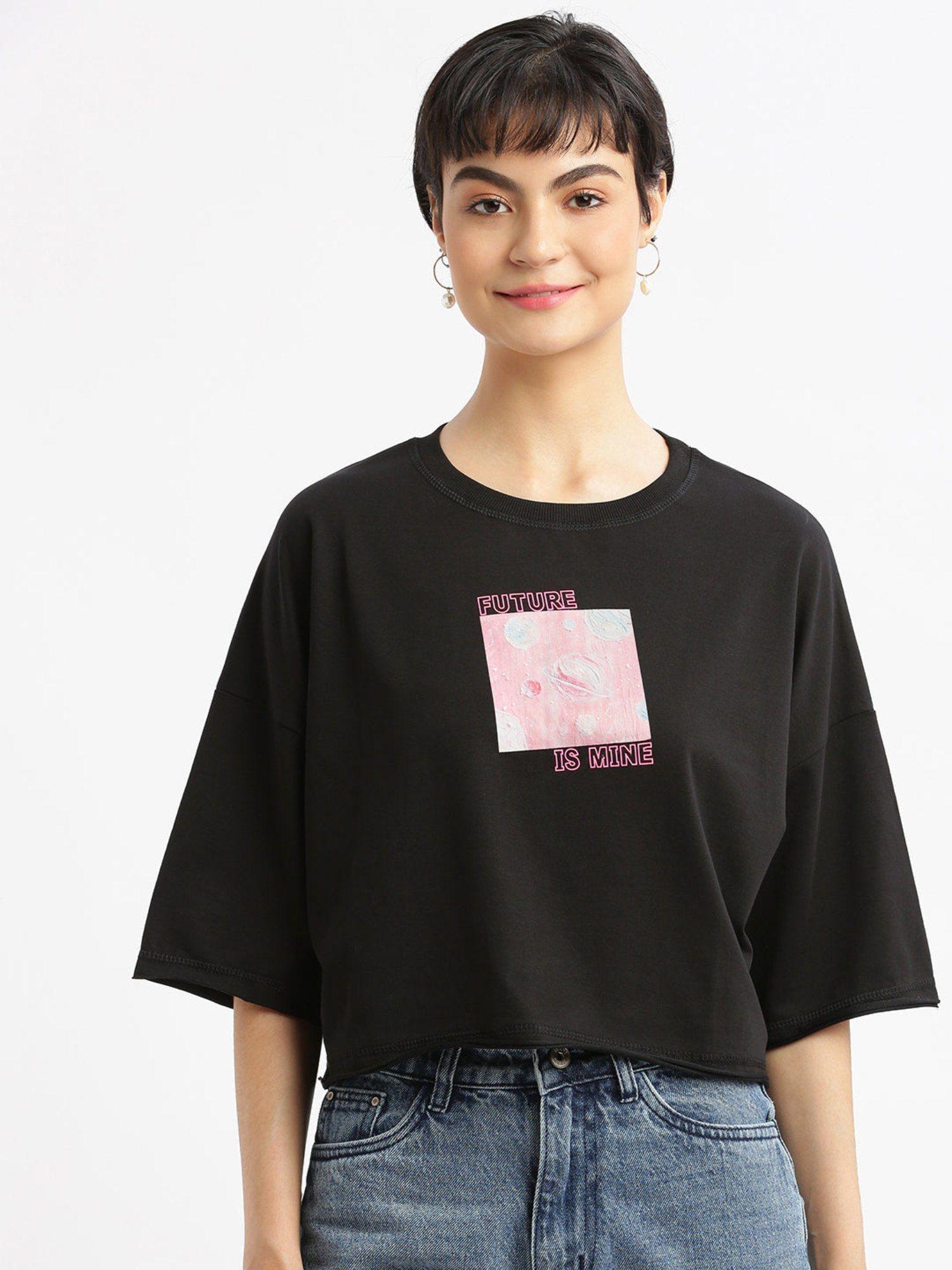 womens graphic black drop shoulder boxy crop t-shirt