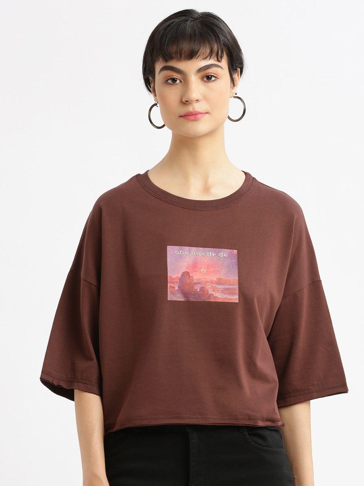 womens graphic brown drop shoulder boxy crop t-shirt