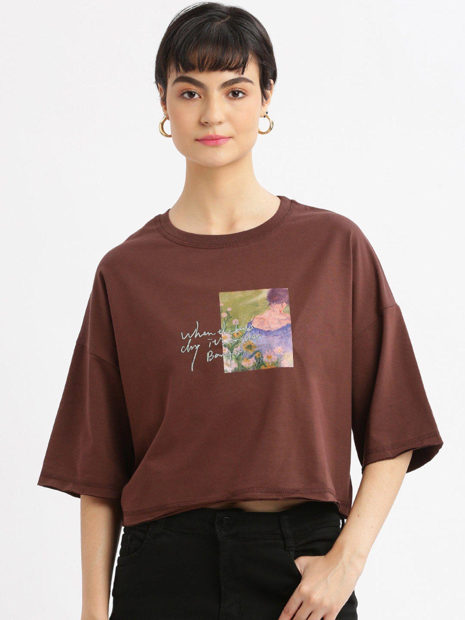 womens graphic brown drop shoulder boxy crop t-shirt