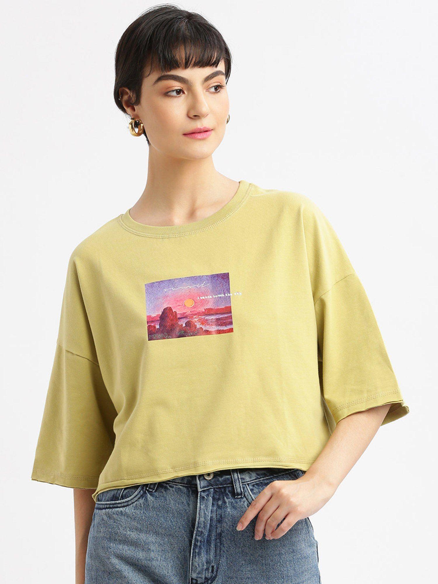 womens graphic green drop shoulder boxy crop t-shirt