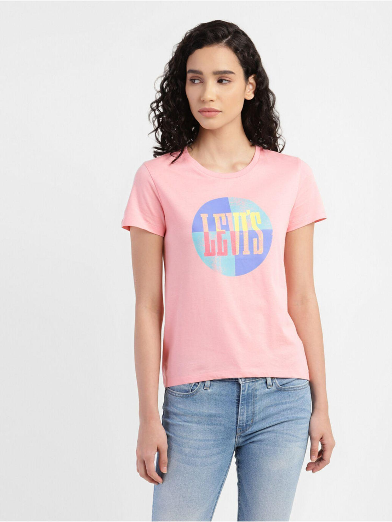 womens graphic logo crew neck t-shirts - pink