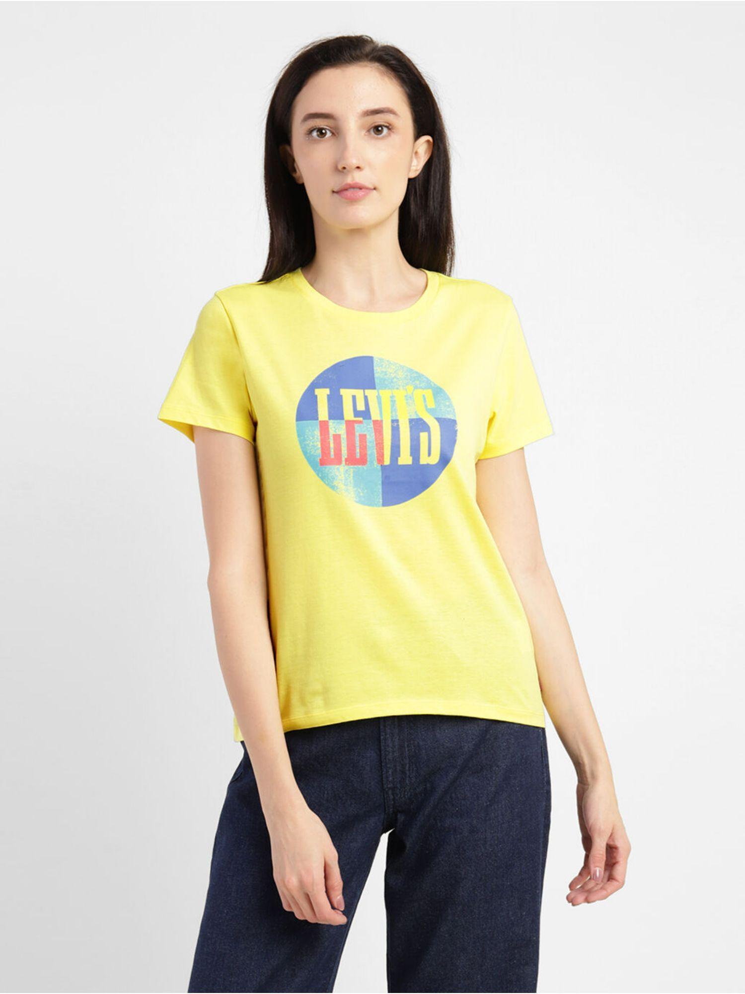 womens graphic logo crew neck t-shirts - yellow