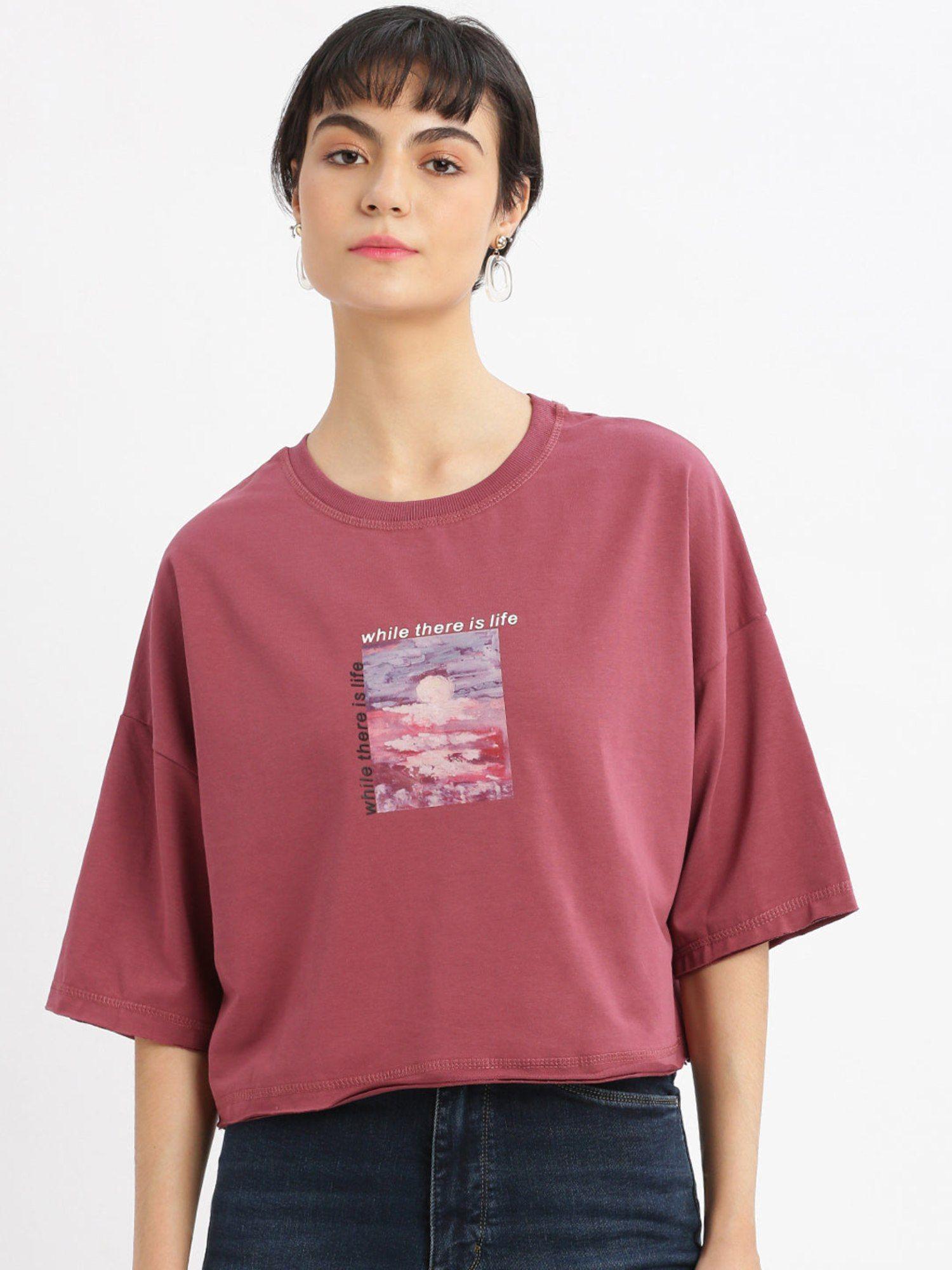 womens graphic mauve drop shoulder boxy crop t-shirt