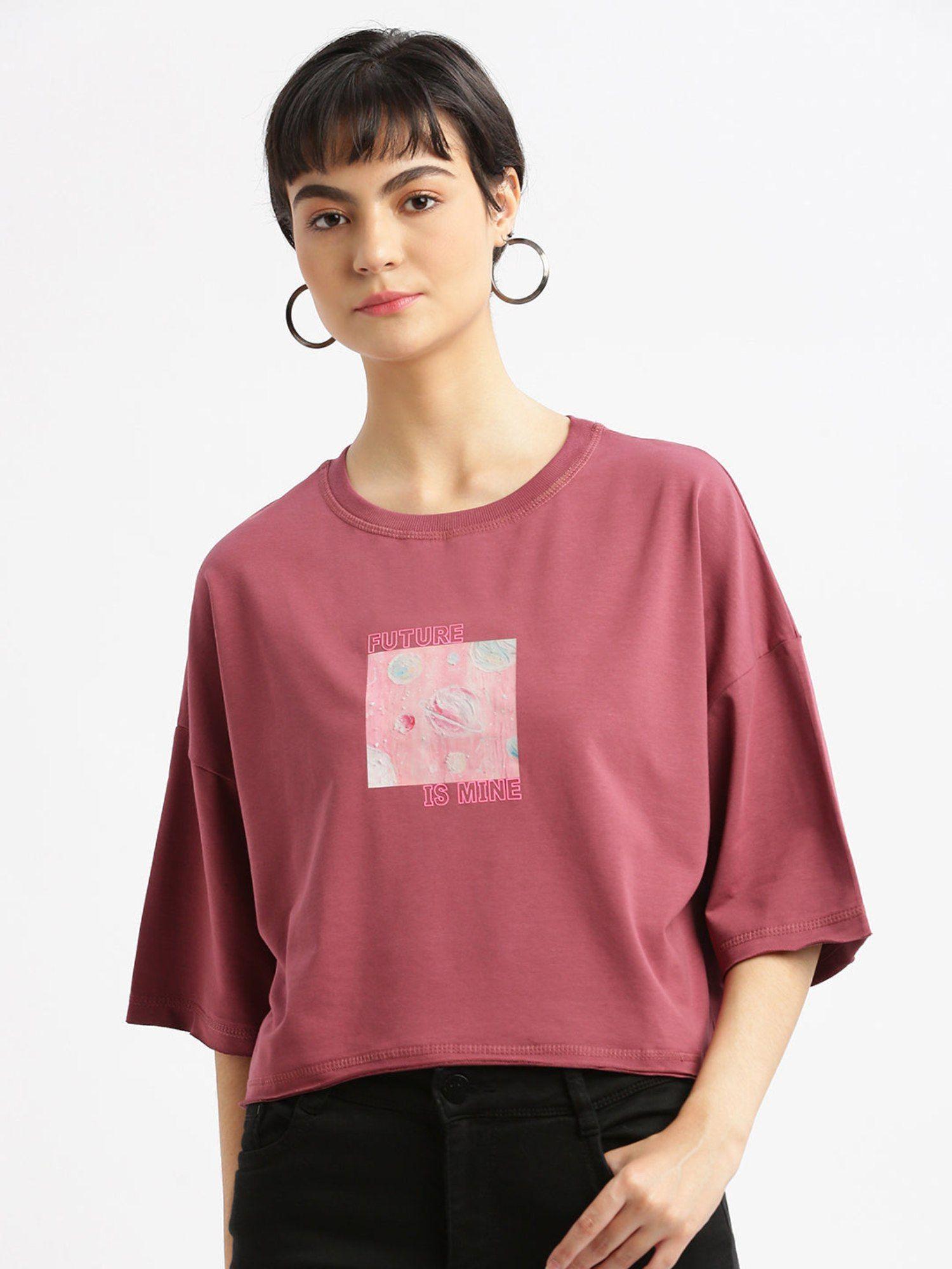 womens graphic mauve drop shoulder boxy crop t-shirt