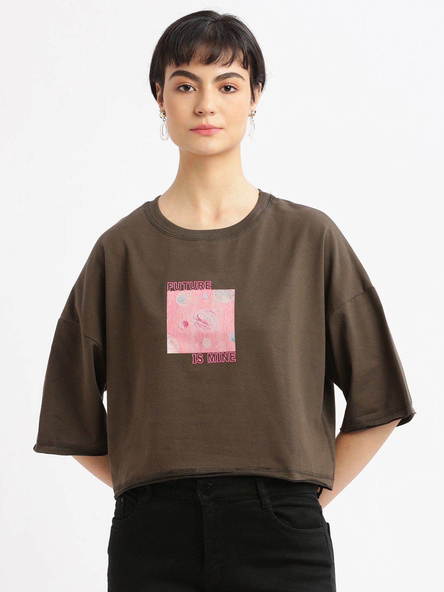 womens graphic olive drop shoulder boxy crop t-shirt