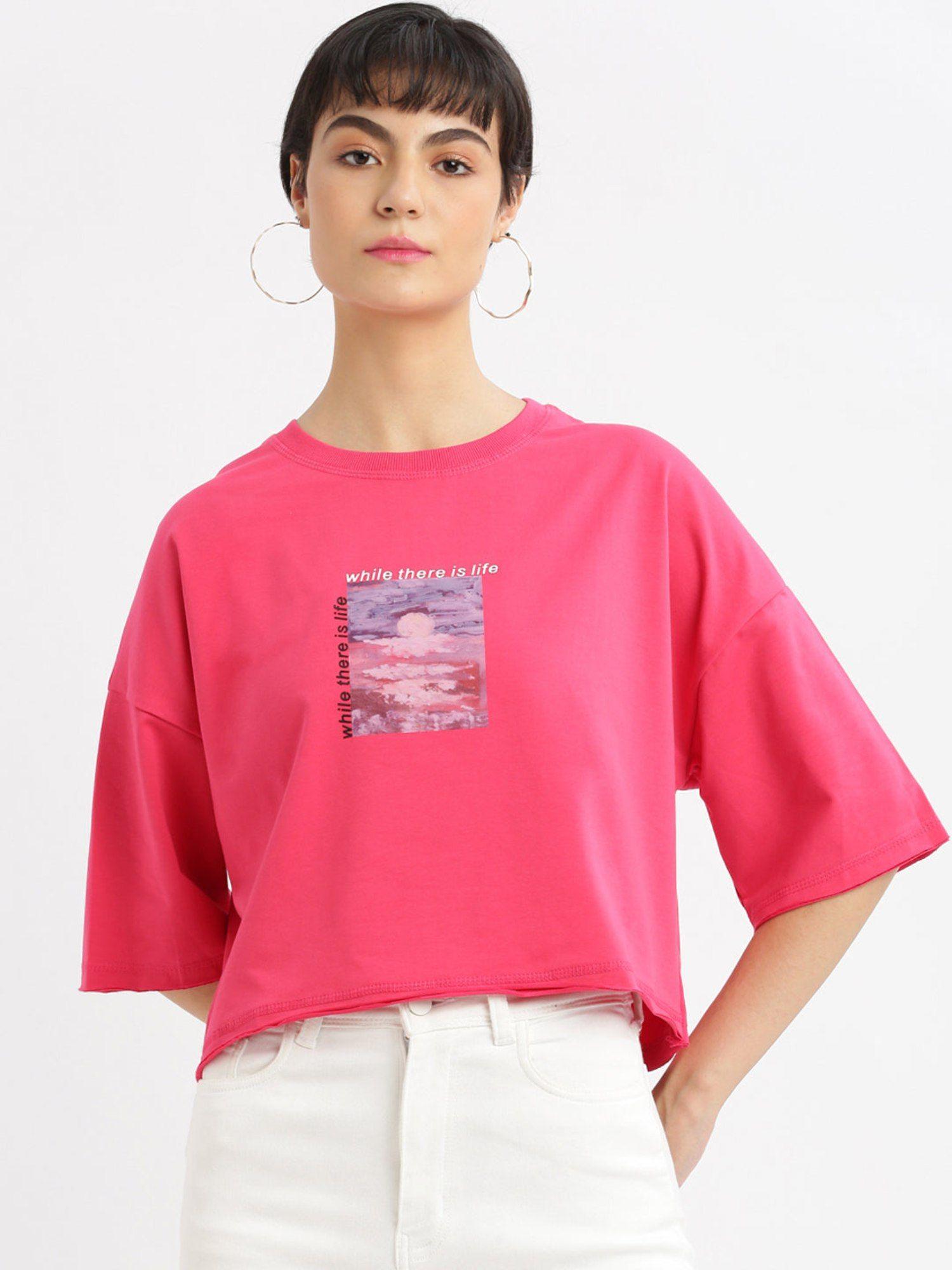 womens graphic pink drop shoulder boxy crop t-shirt