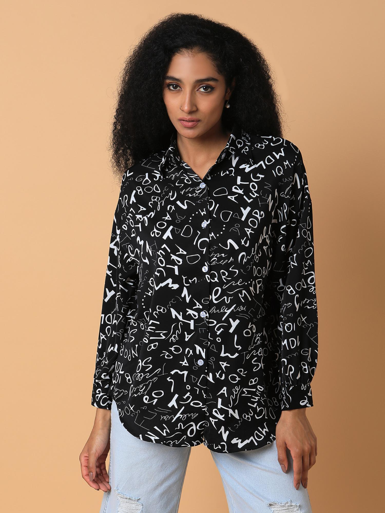 womens graphic print spread collar black drop shoulder oversized shirt