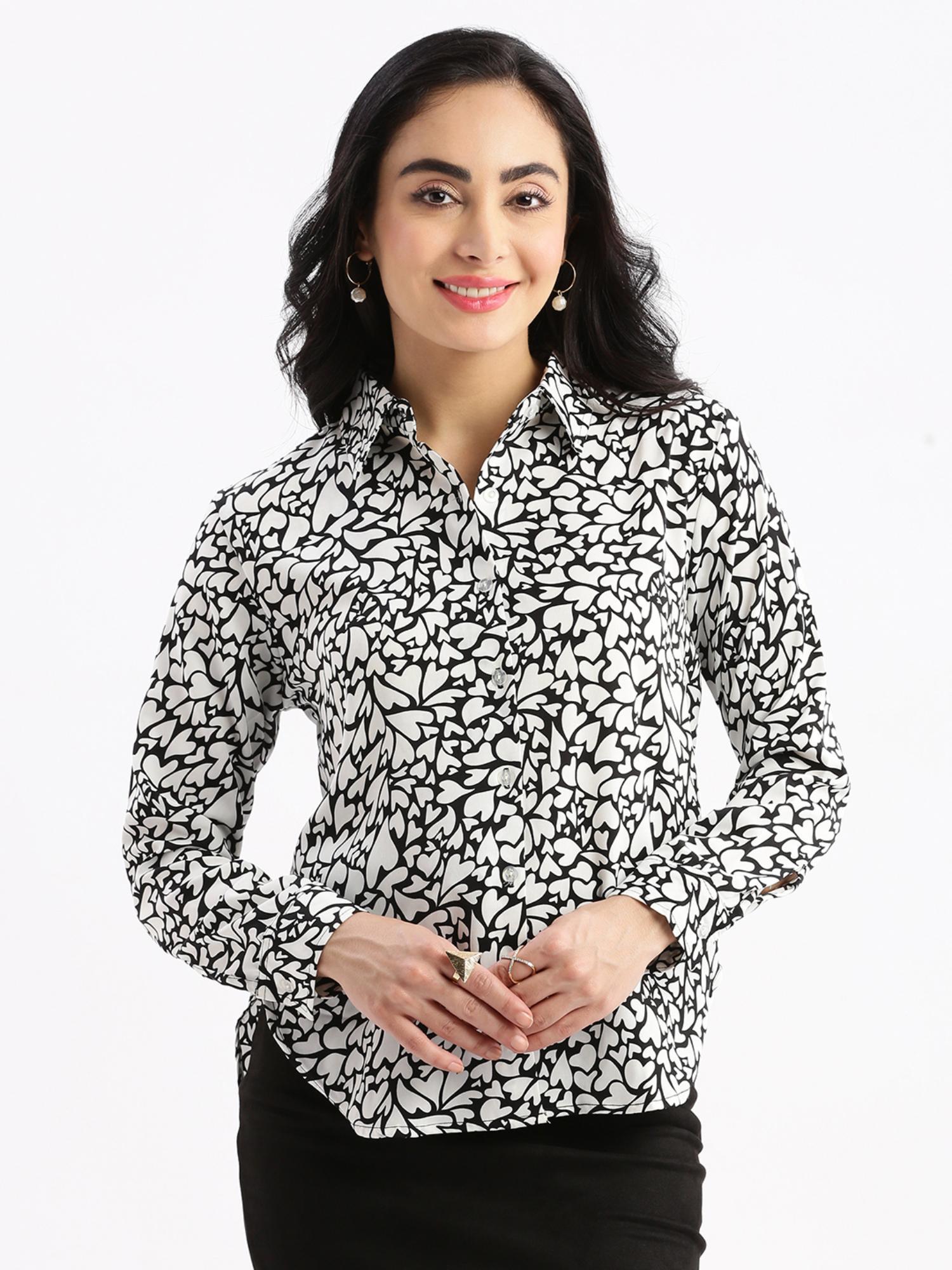 womens graphic print spread collar black slim fit shirt