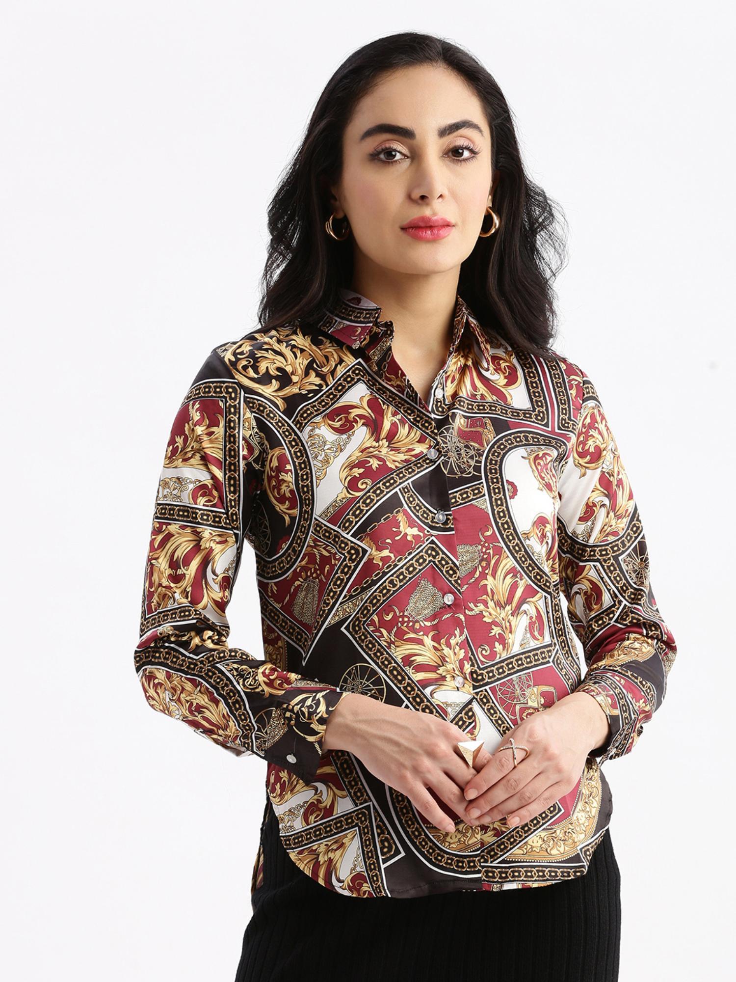 womens graphic print spread collar multi-color slim fit shirt