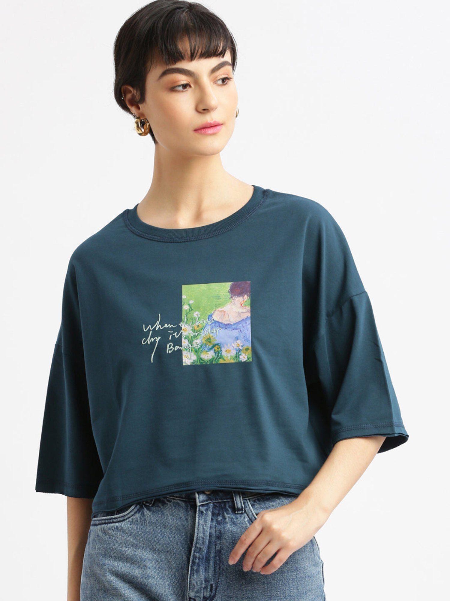 womens graphic teal drop shoulder boxy crop t-shirt