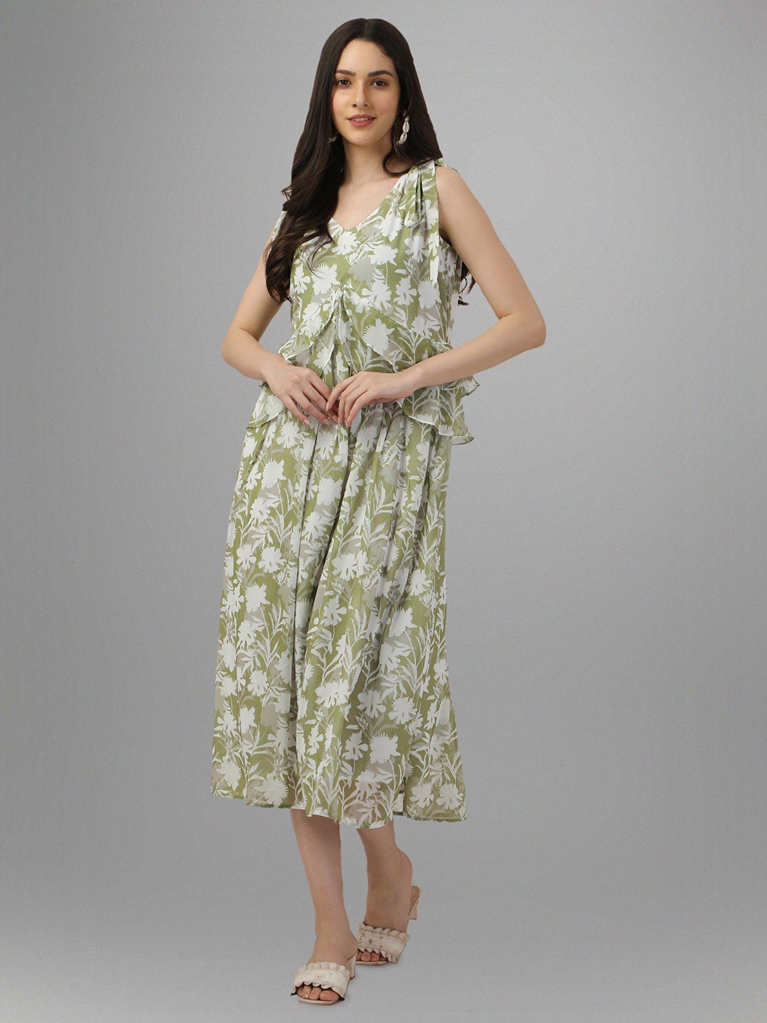womens green, fabric, v-neck, sleeveless, floral flared western midi dress