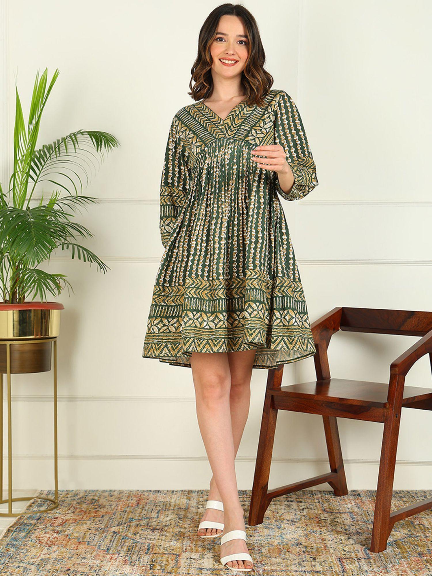 womens green abstract printed rayon flared tunic dress