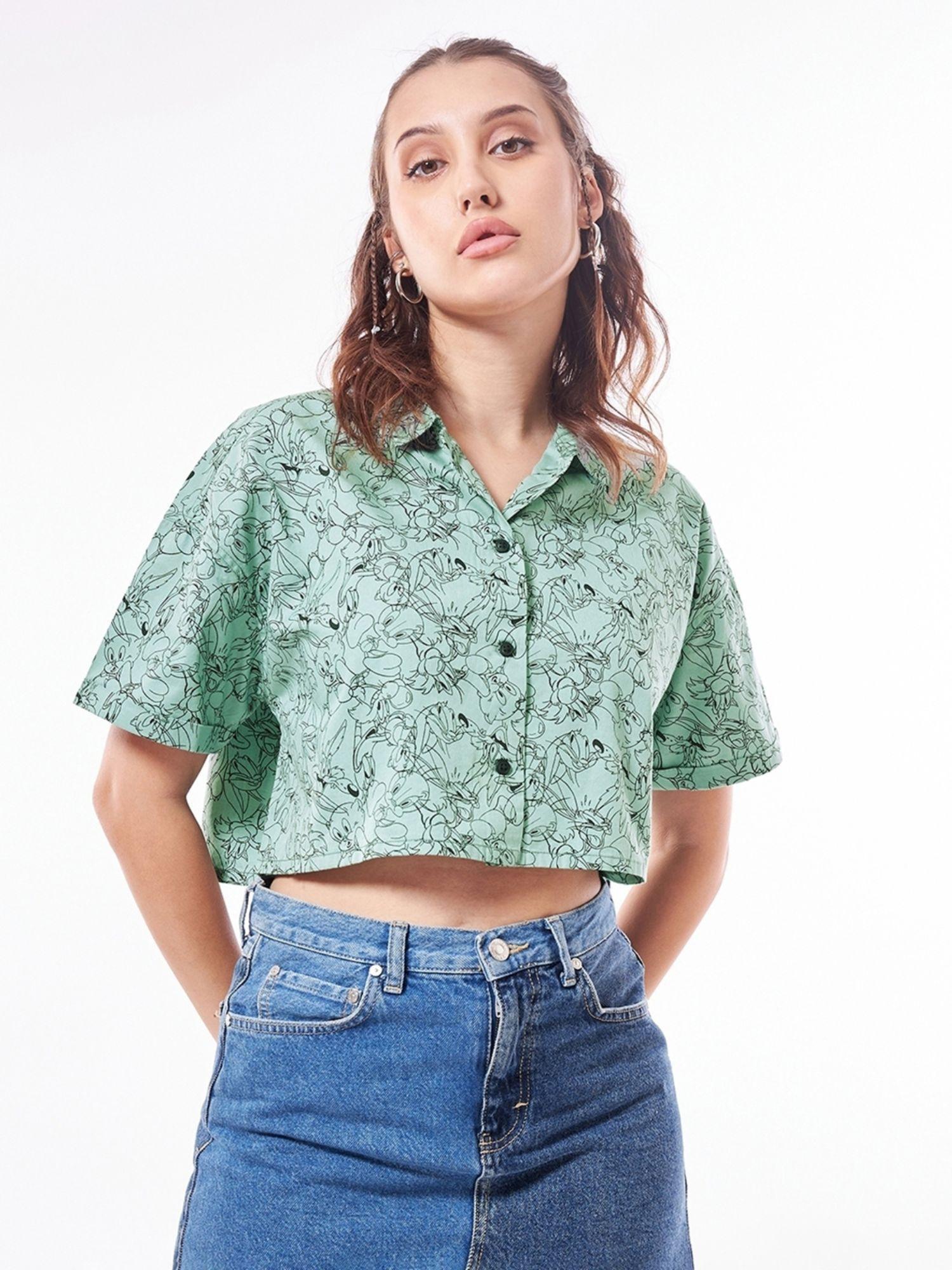 womens green all over printed oversized crop shirt