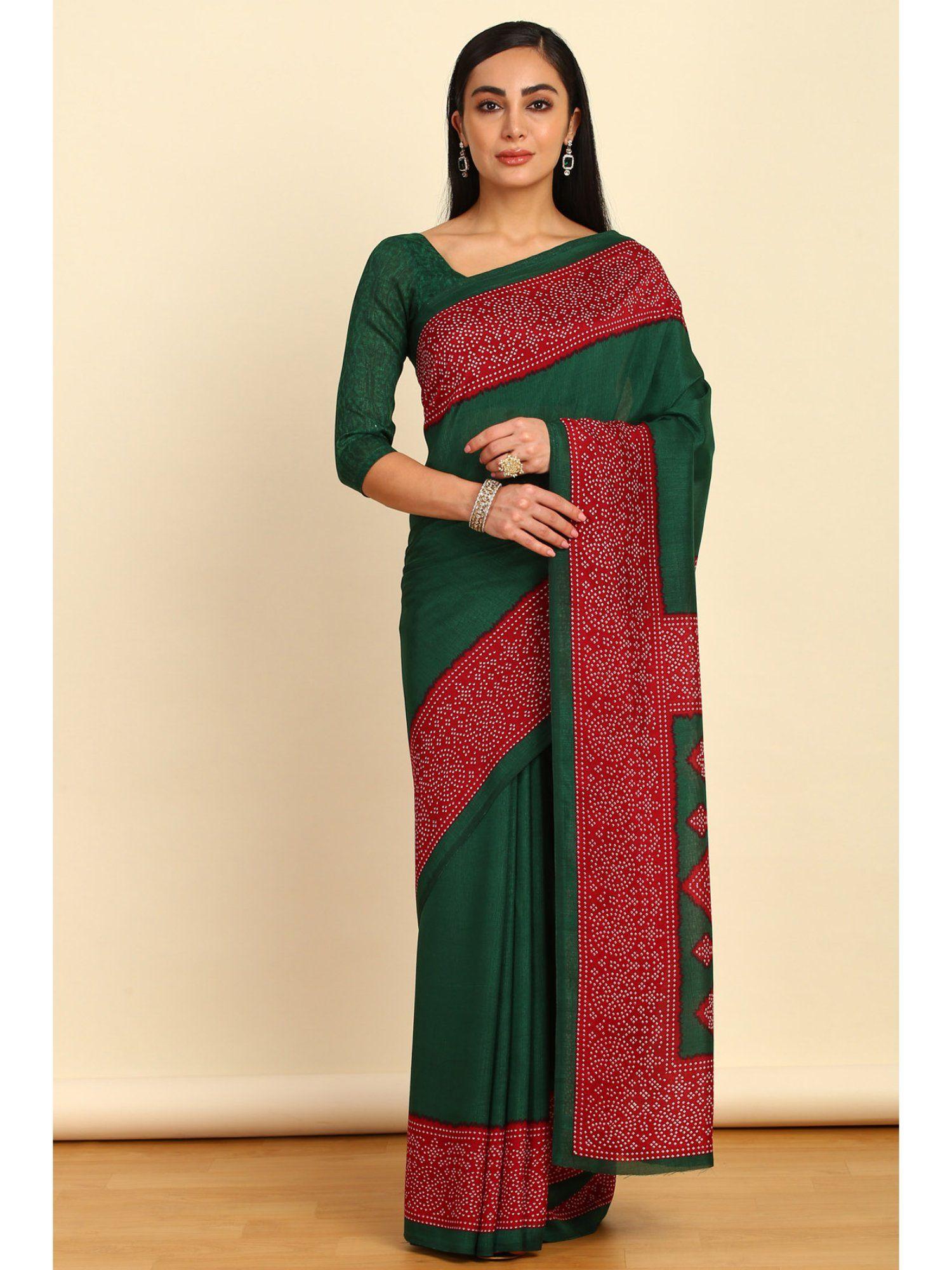 womens green art silk bandhani print saree with unstitched blouse