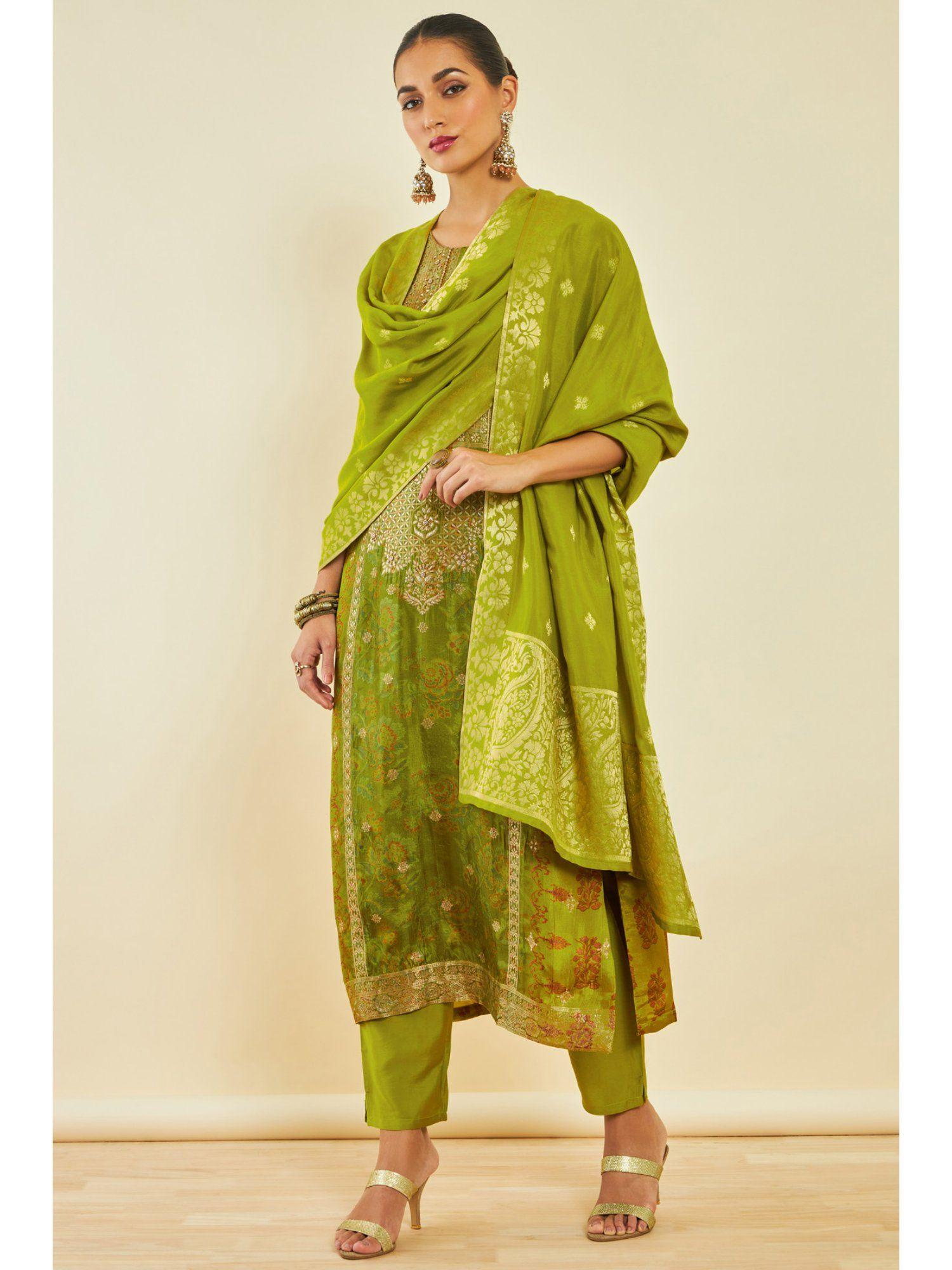 womens green brocade kurta with floral print and hand embroidery (set of 3)