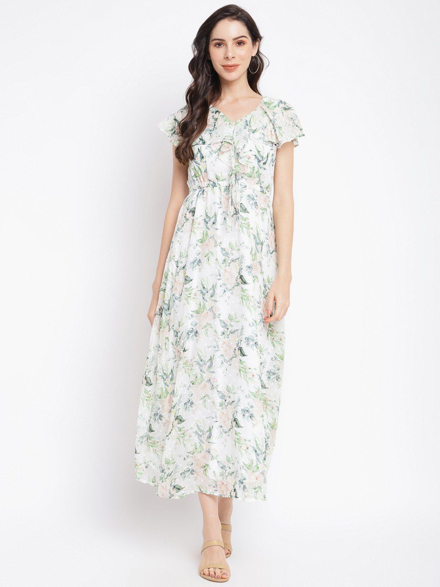 womens green cap sleeve printed dress