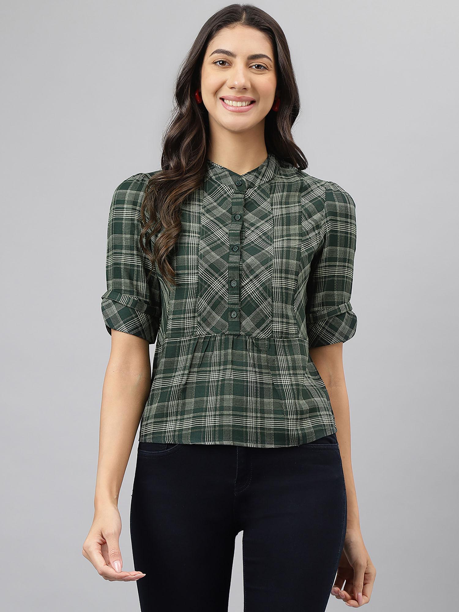 womens green check half sleeves casual top