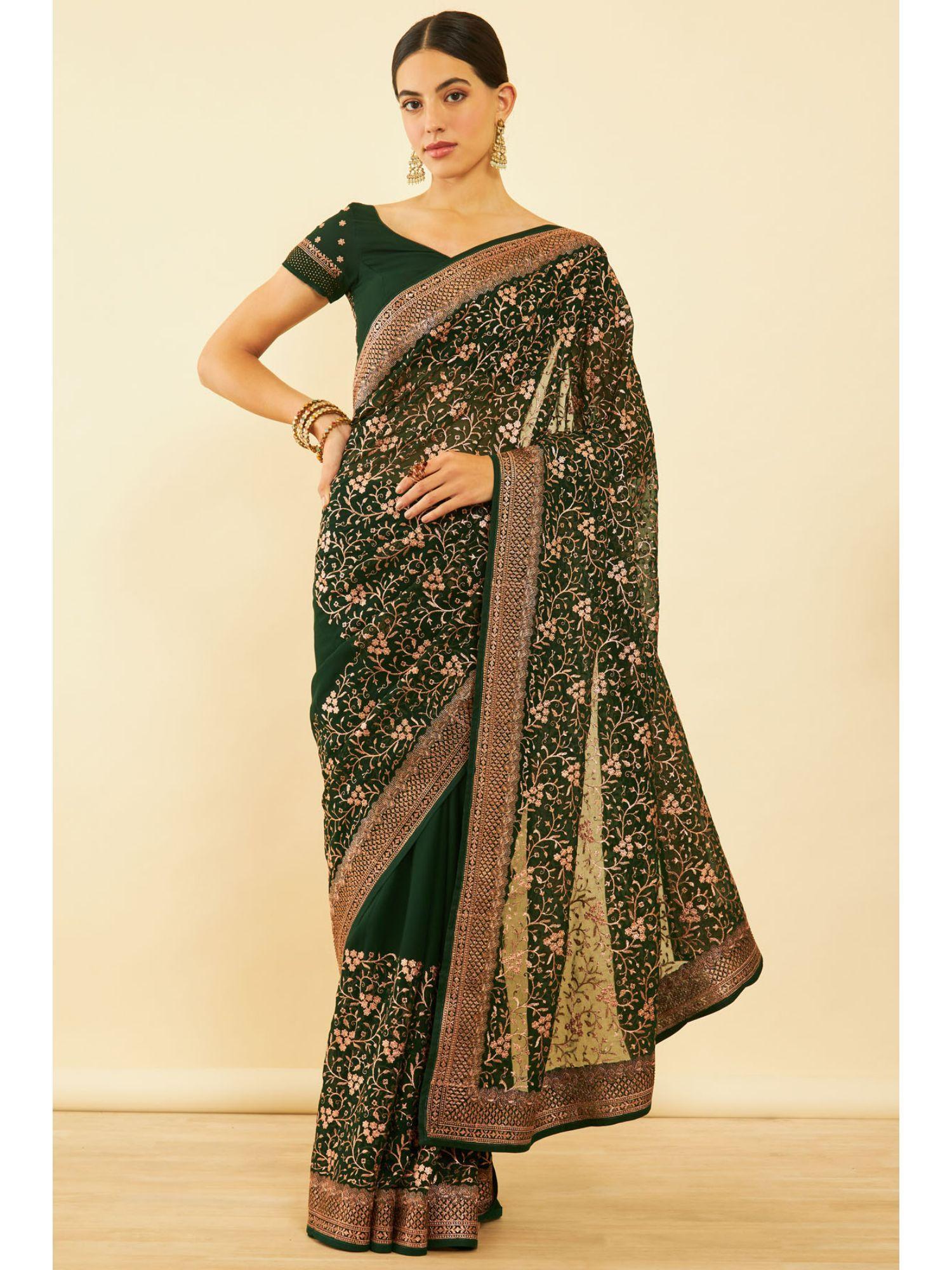 womens green chiffon embroidered saree with unstitched blouse