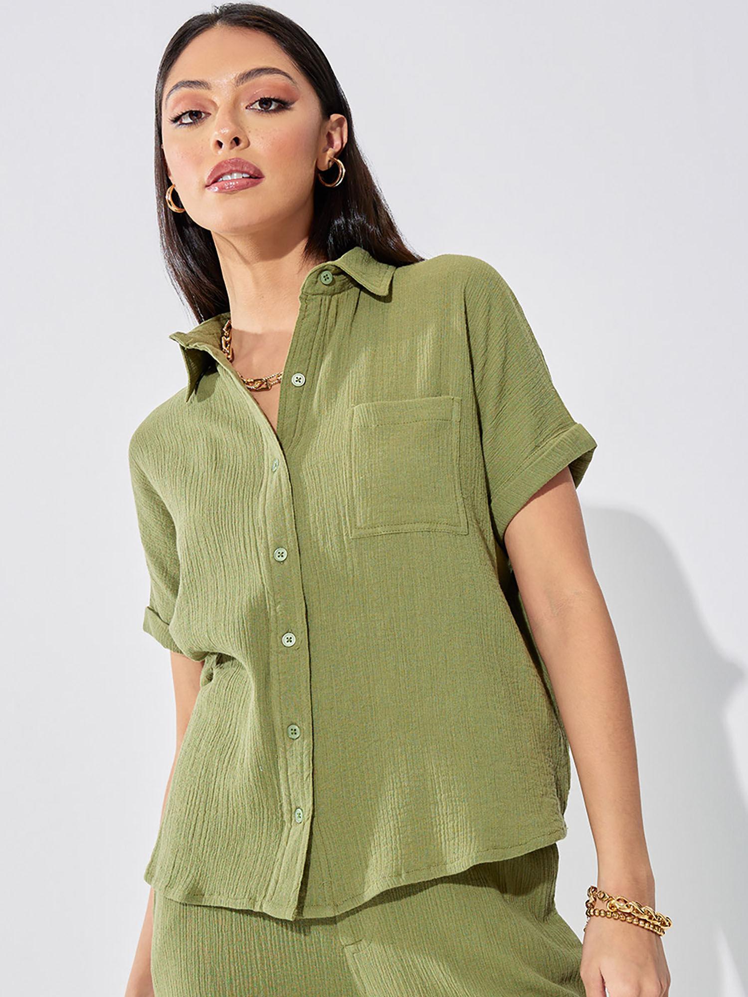 womens green cotton regular fit extended shoulder shirt