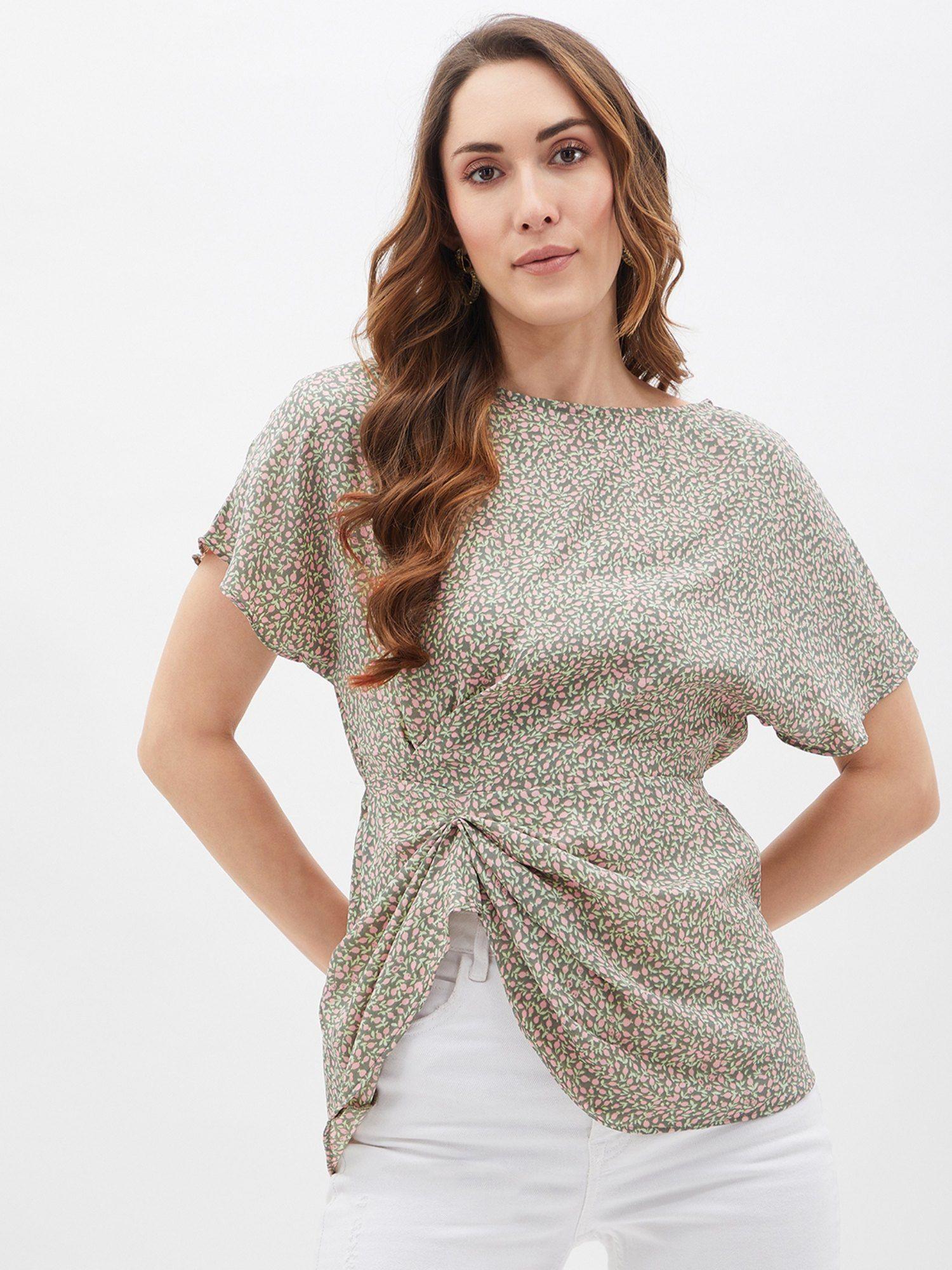 womens green ditsy print cinched waist blouse