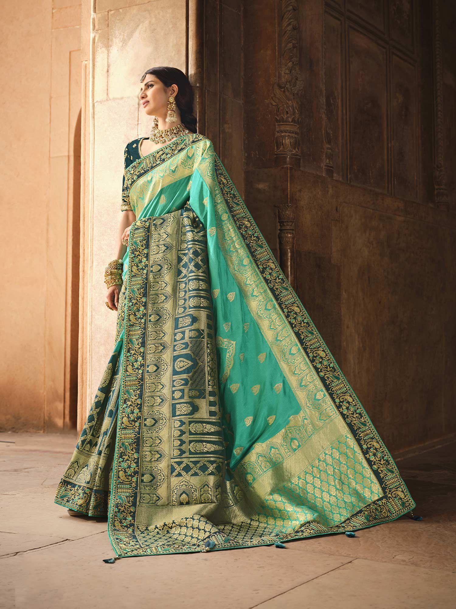 womens green dola silk saree with unstitched blouse