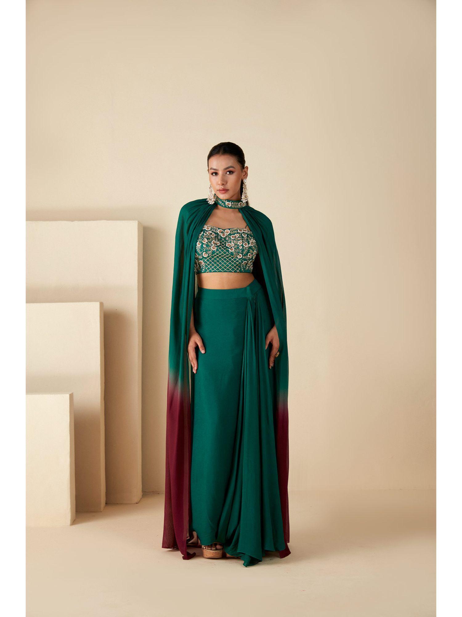 womens green embellished crop top with skirt and dupatta (set of 3)