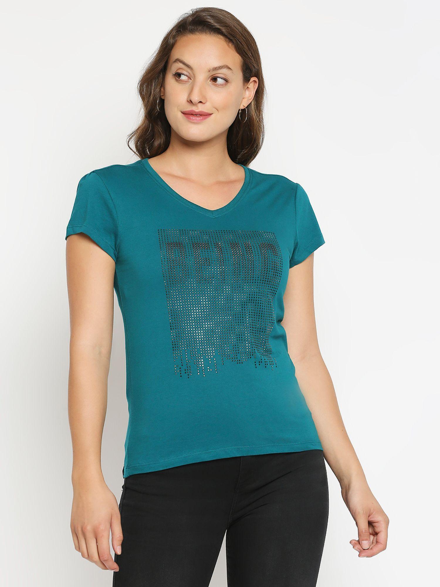 womens green embellished v-neck t-shirt