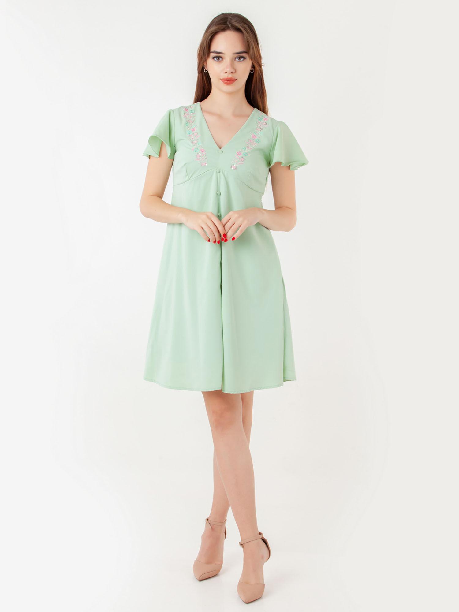 womens green embroidered mini dress