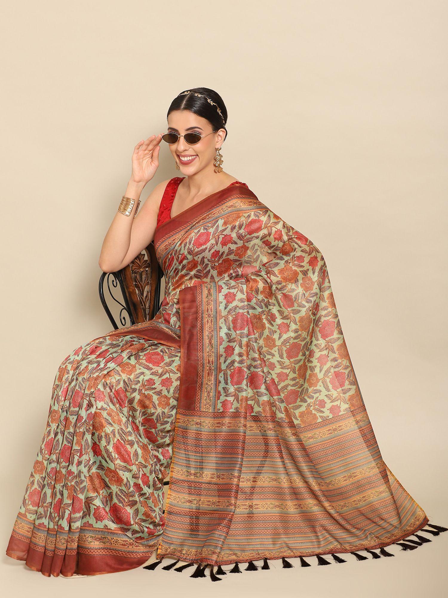 womens green floral block print saree with unstitched blouse