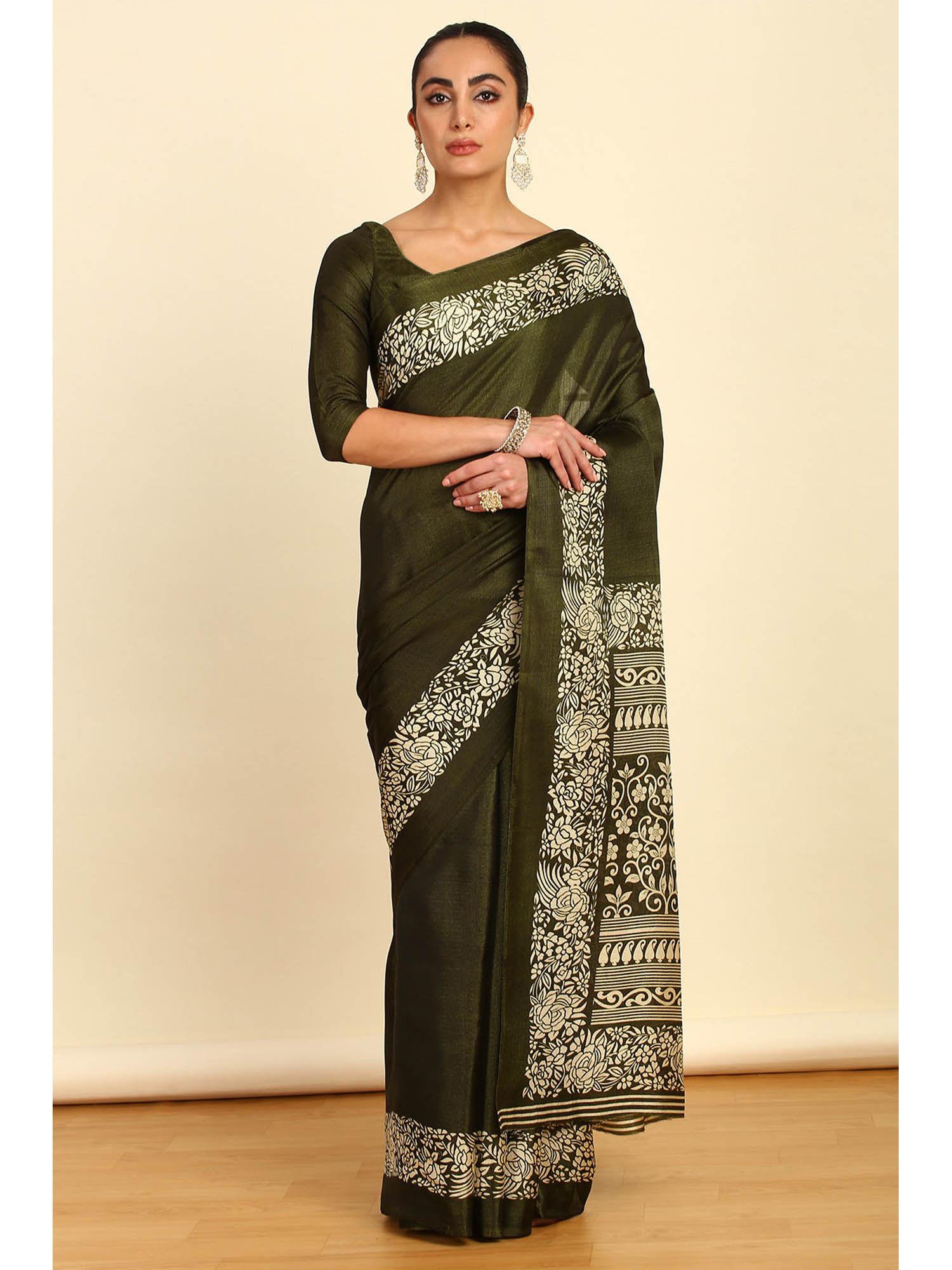 womens green floral printed art silk saree with unstitched blouse