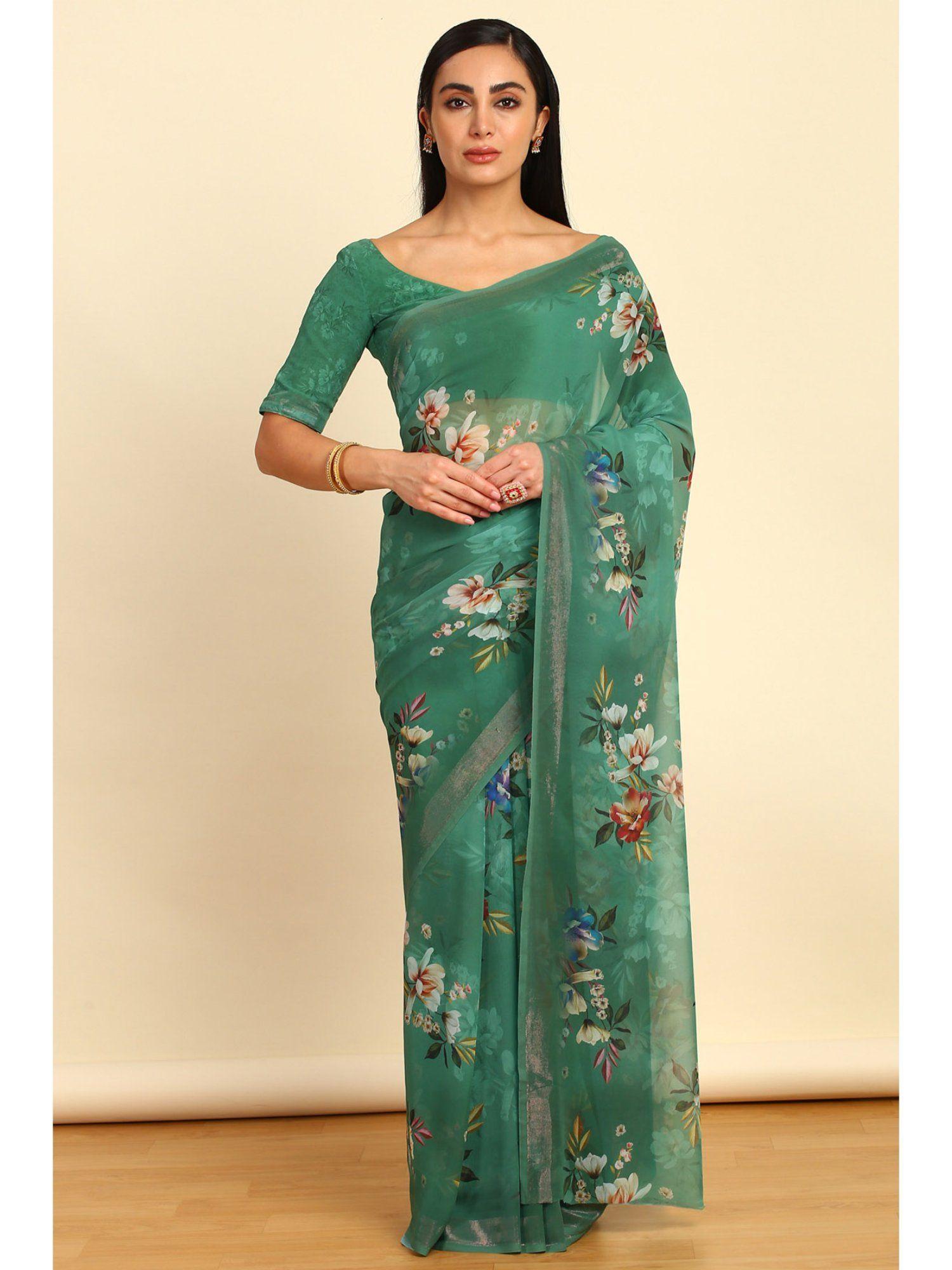 womens green georgette floral print saree with unstitched blouse