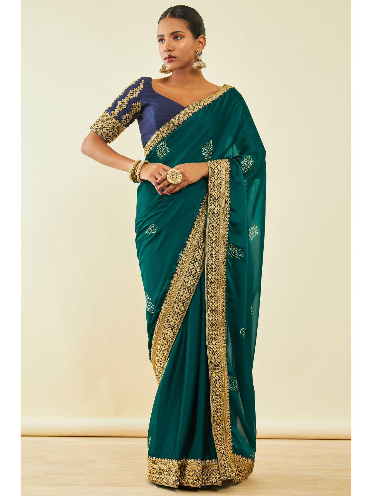 womens green georgette saree with mukaish work with unstitched blouse